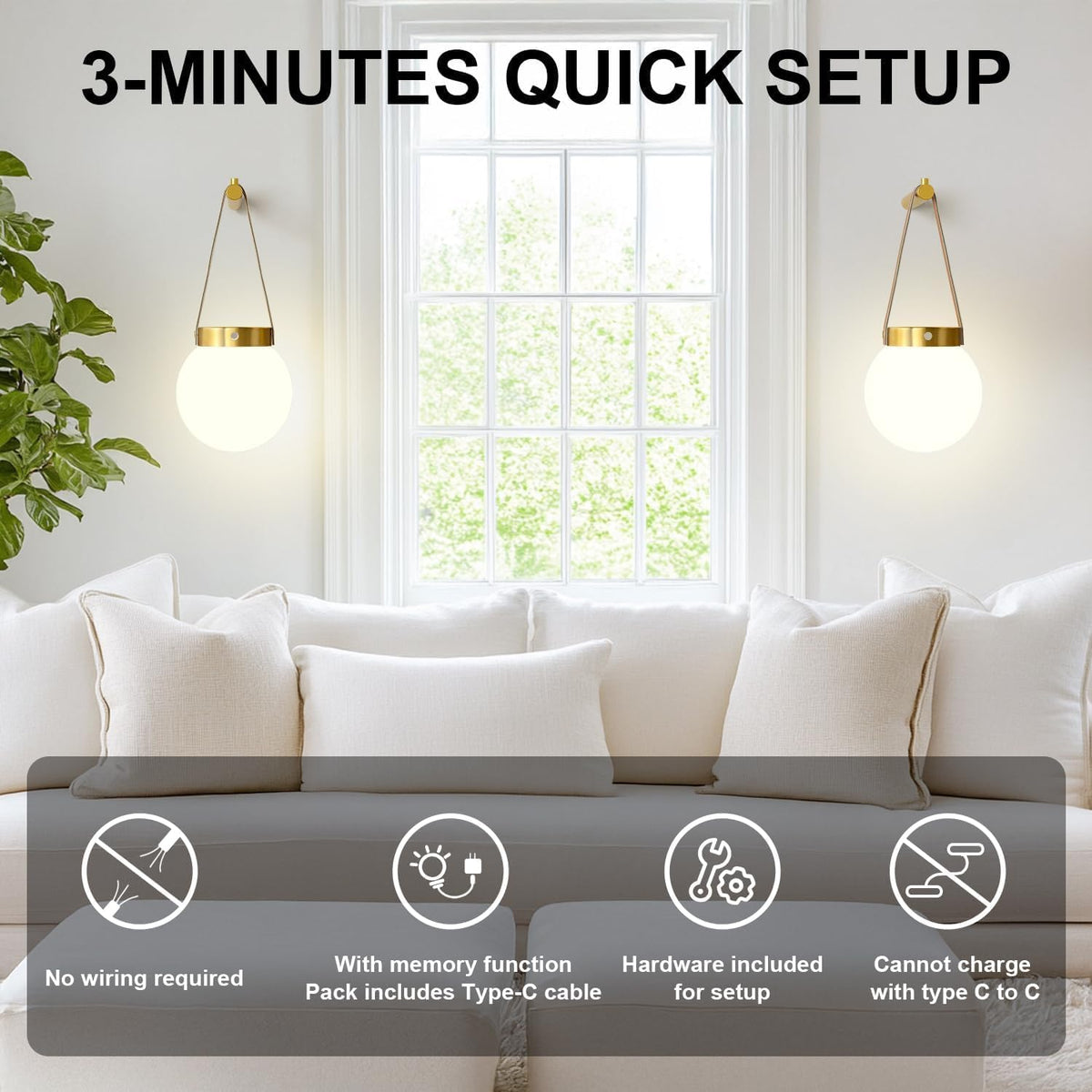 Battery Operated Wall Sconces Set of 2, Gold Wall Lamps for Bedroom with Remote Control Warm/Natural/Daylight/RGB 15