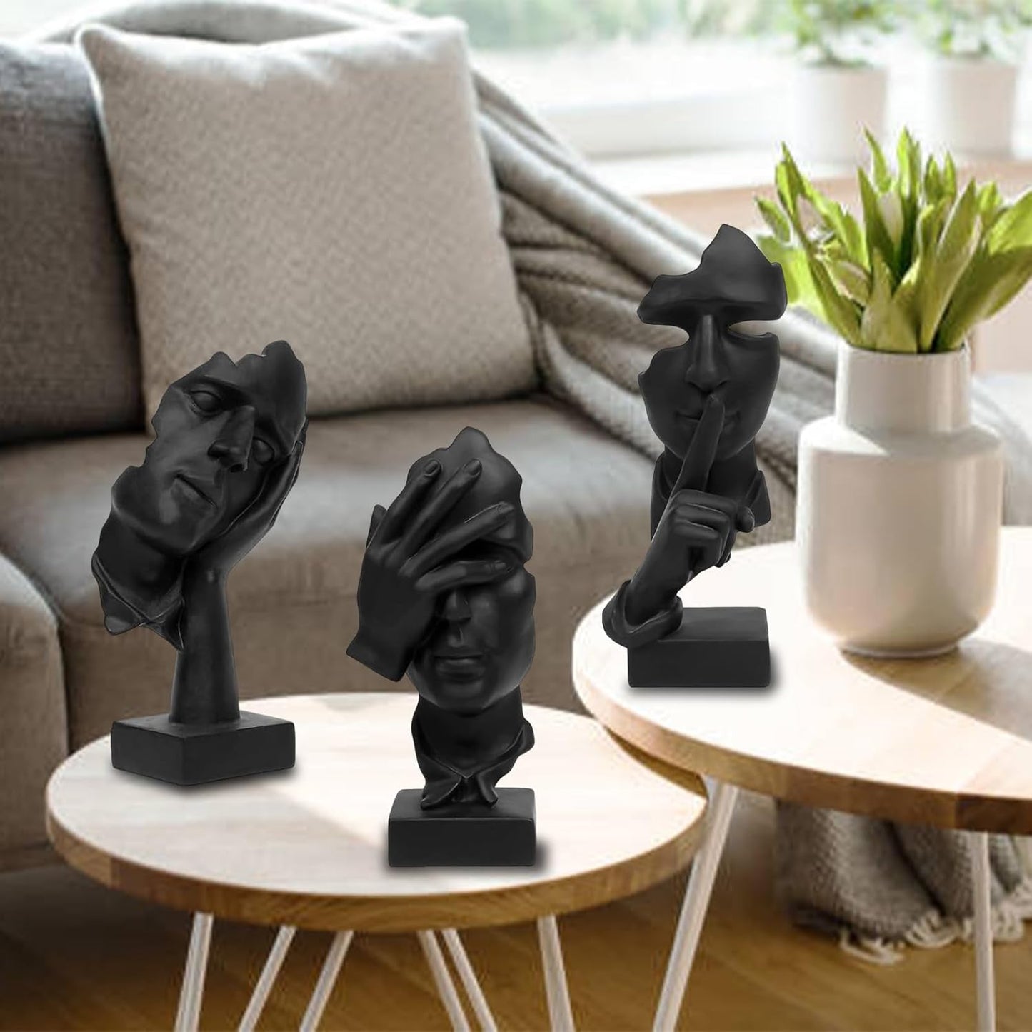 Thinker Statue / Silence is Gold Abstract Art Figurine / Small / Black / Set of 3