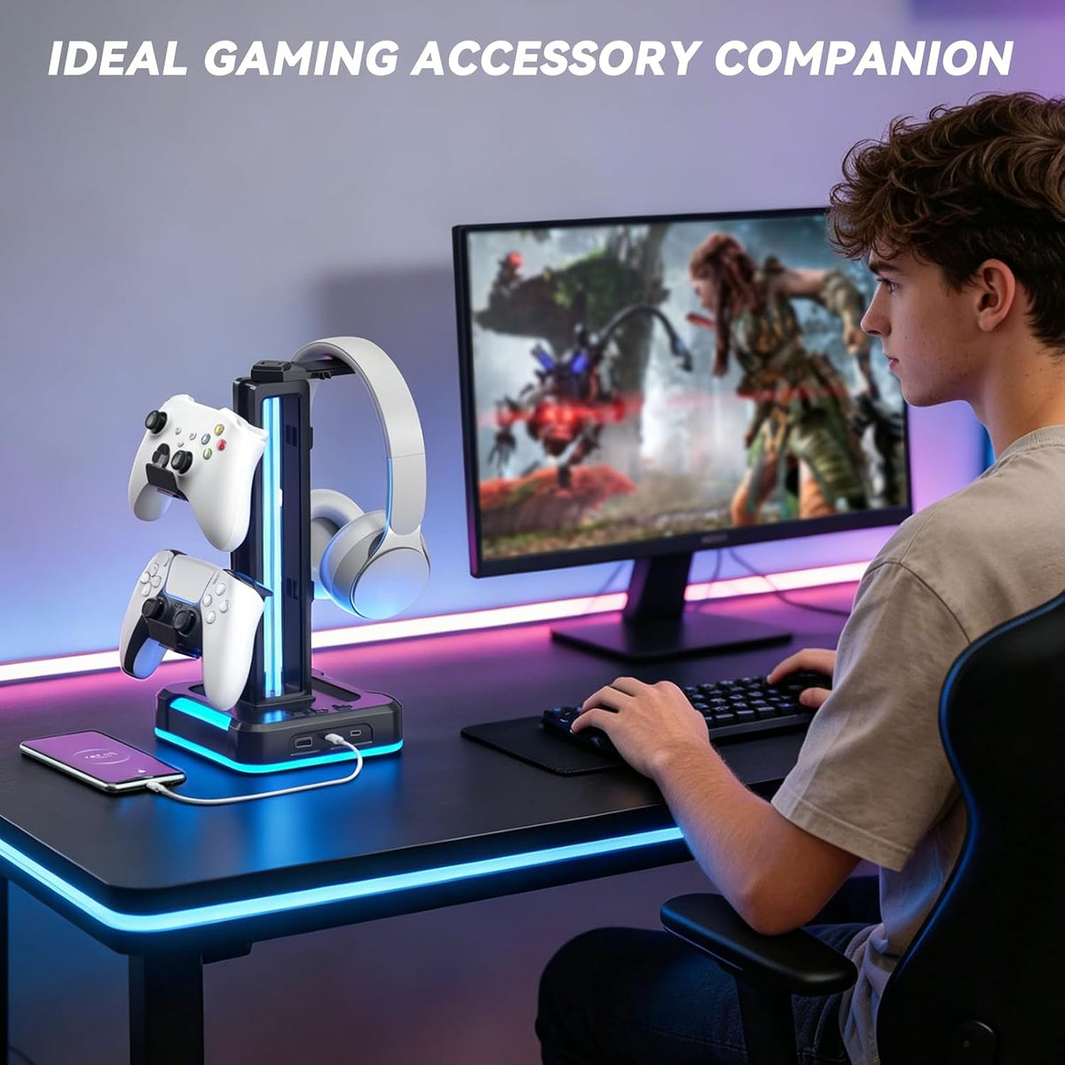 KDD RGB Gaming Headphone and Controller Stand with 2 Type-C and 1 USB Ports | Headset Stand with 9 Light Modes, Headset