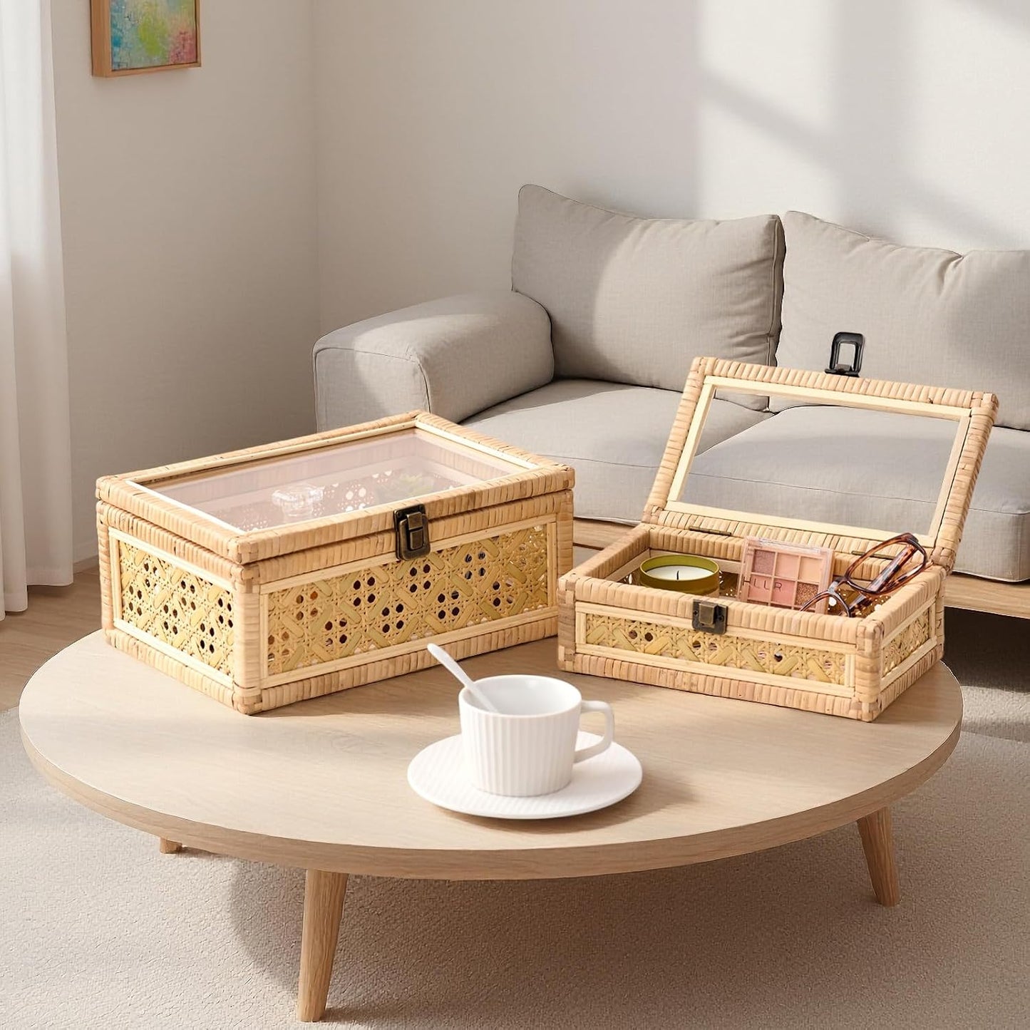 Clear Glass Lid Wooden Frame Handmade Boho Wicker Basket Woven Cane Bin Keepsake / Large / Natural