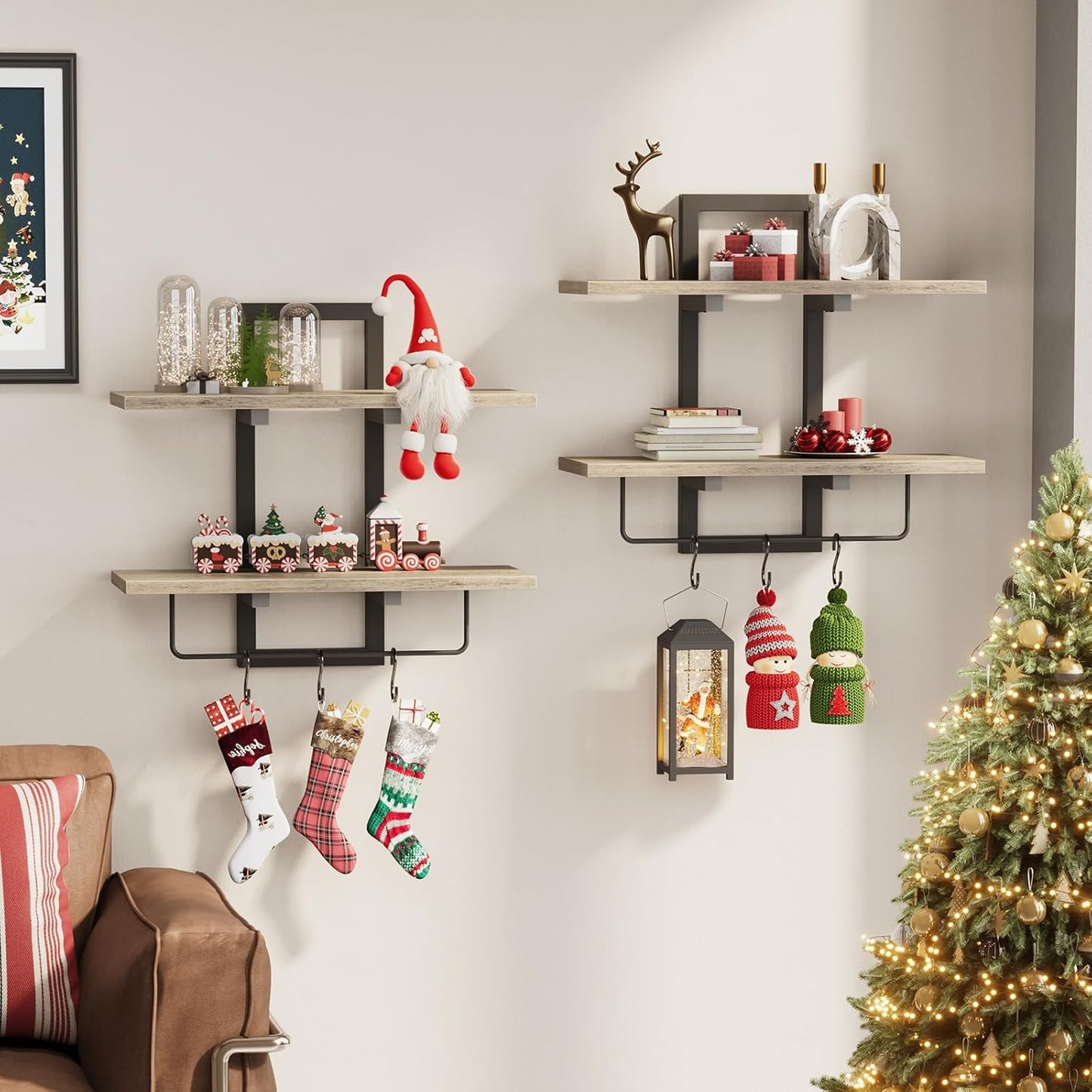 Floating Shelves / Wall Mounted Storage Shelves / Greige + Black / Set of 2