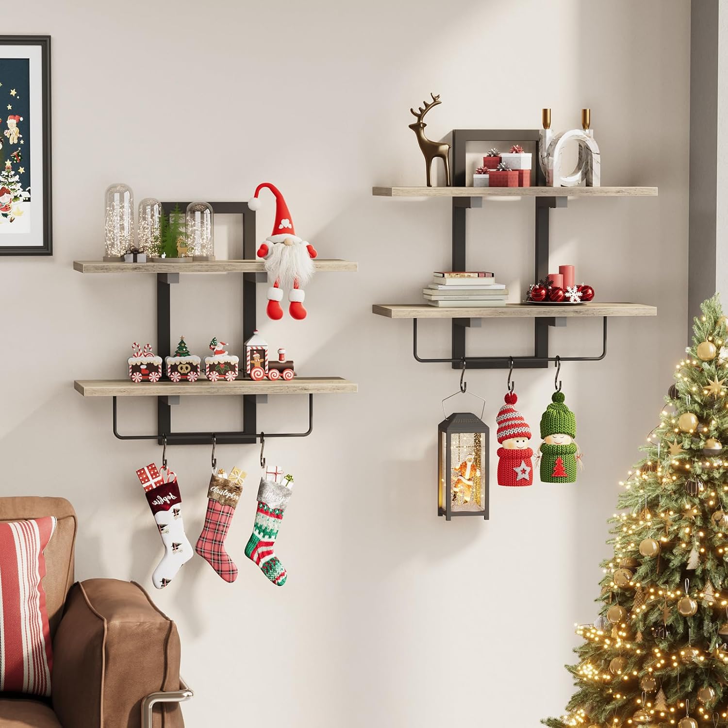 Floating Shelves / Wall Mounted Storage Shelves / Greige + Black / Set of 2