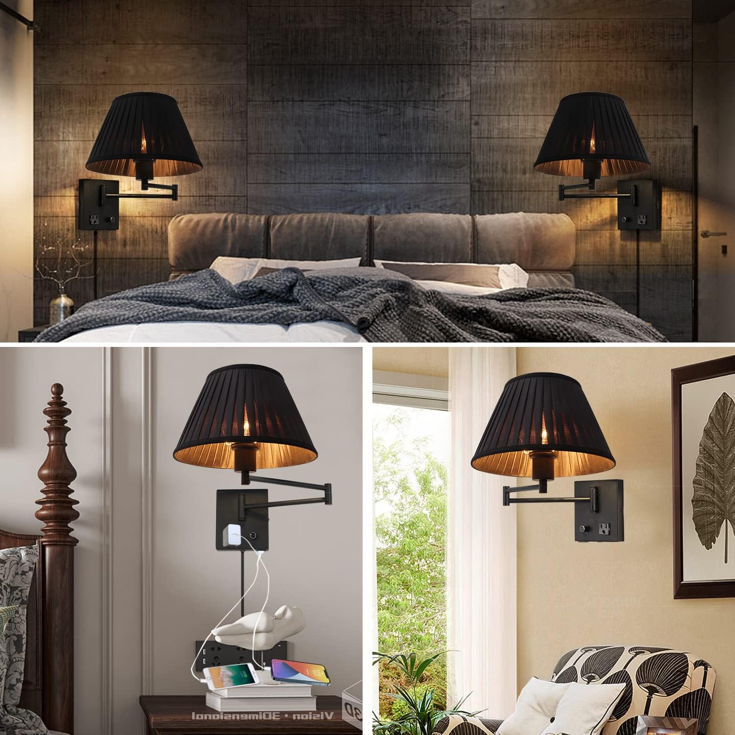 17" Swing Arm Wall Lamp USB & AC Outlet, Dimmable, Black | Adjustable Swing Arm Rotary dimmer sets Plug-in bedside