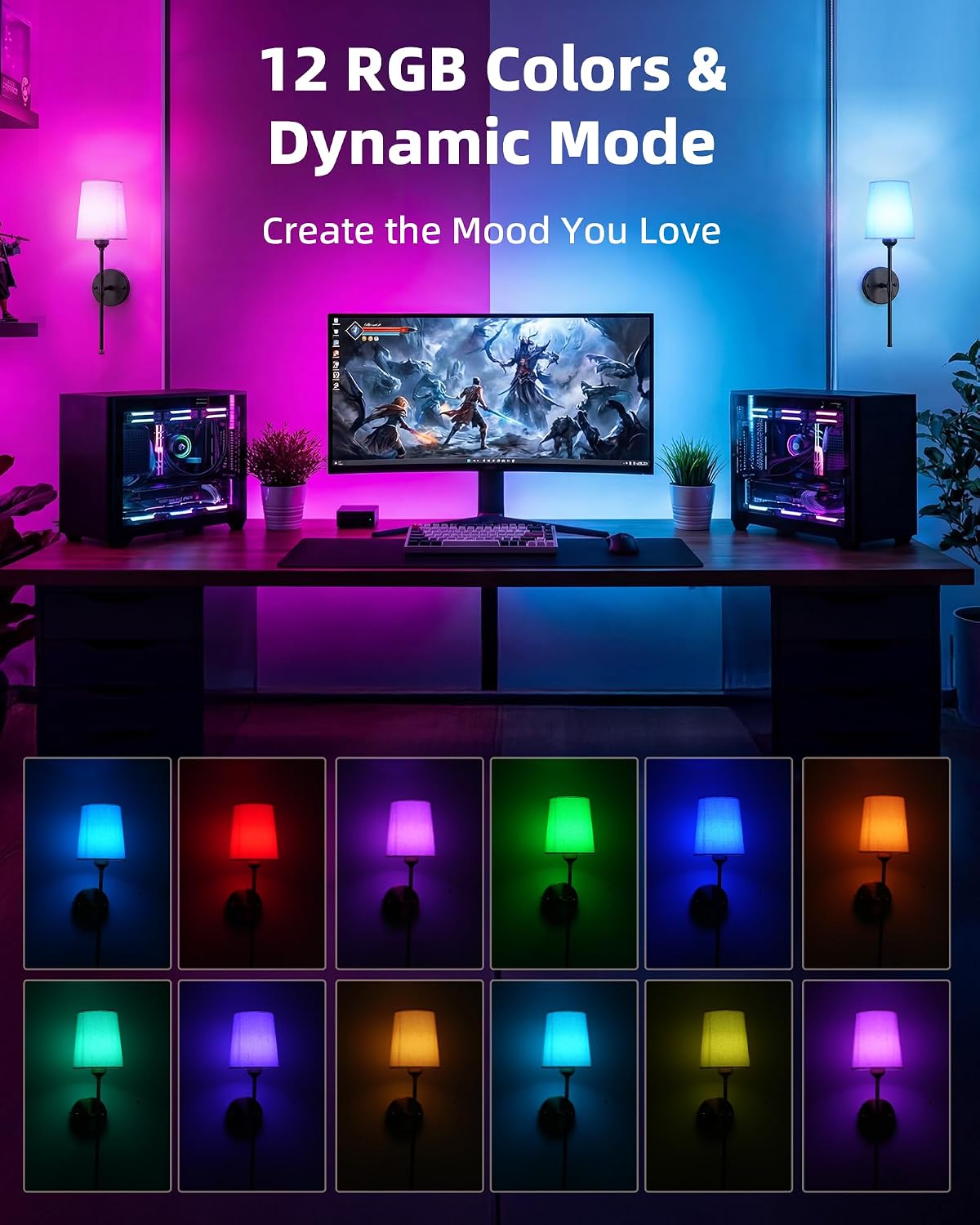 Rechargeable Wall Lights Set of 2, 7500mAh, RGB, Wireless Wall Lamps with Remote, Dimmable, Magnetic Bulbs, No-Wiring