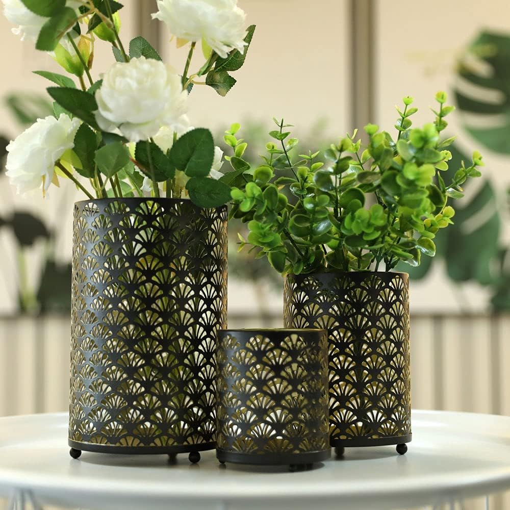 JHY DESIGN Set of 3 Metal Candle Holders Bronze Hurricane Pillar Candleholder Vintage Table Candlestick Holders Great