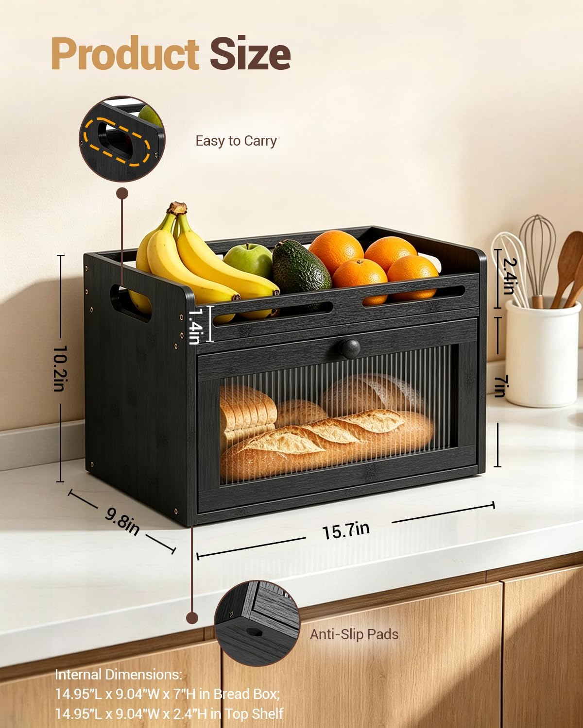 Bread Box for Kitchen Countertop, Bamboo Storage with Top Shelf, Black | Large Capacity, Acrylic Window, Rear Vents