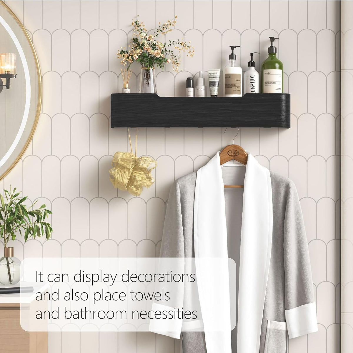 Coat Rack Wall Mount with Shelf 5 Hidden Hooks Modern Wooden Key Holder Entryway Organizer for Hallway Bedroom Bathroom