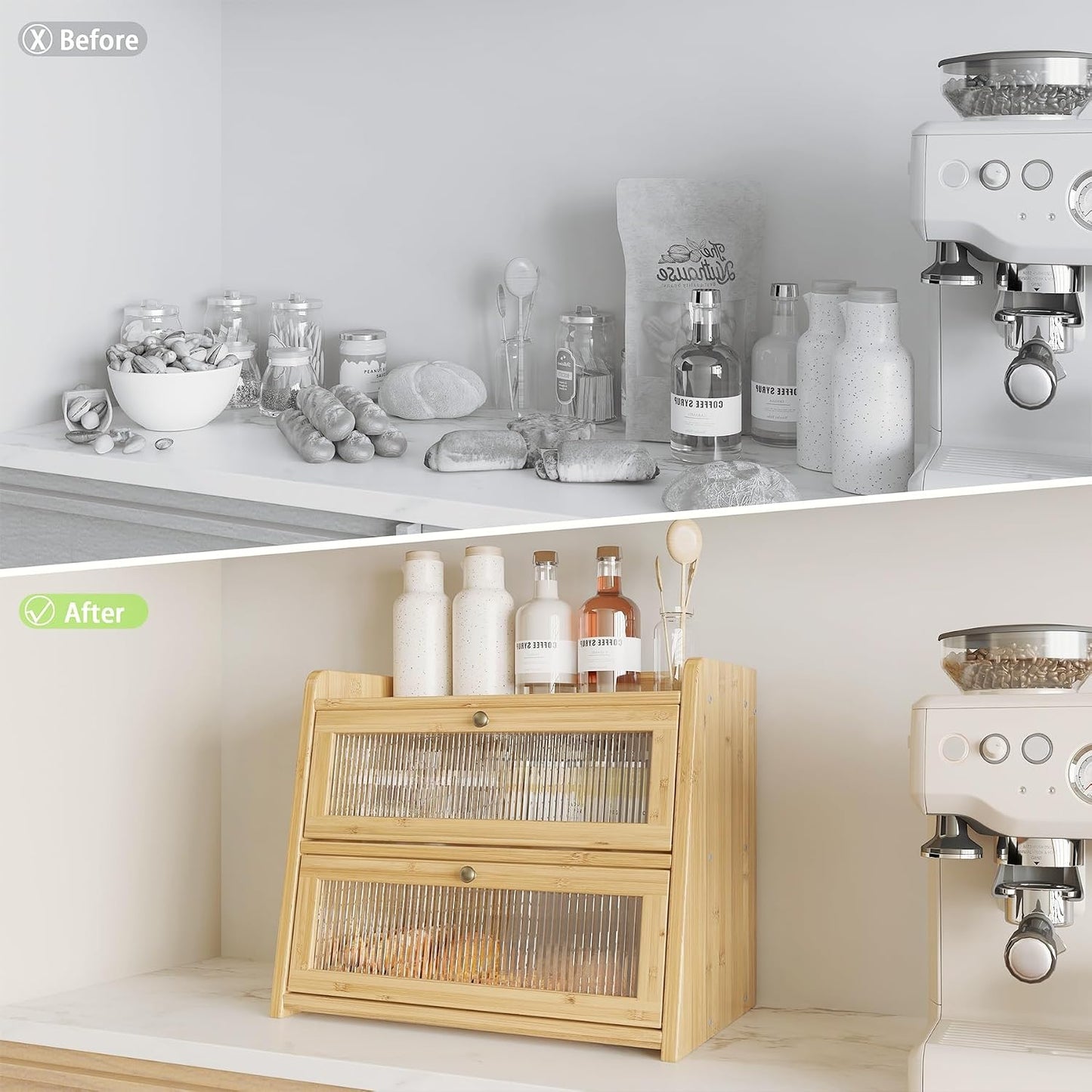 Double Layer Bamboo Bread Box with Window for Countertop | Natural Bamboo, Corner Bread Box, Double Layer with Clear