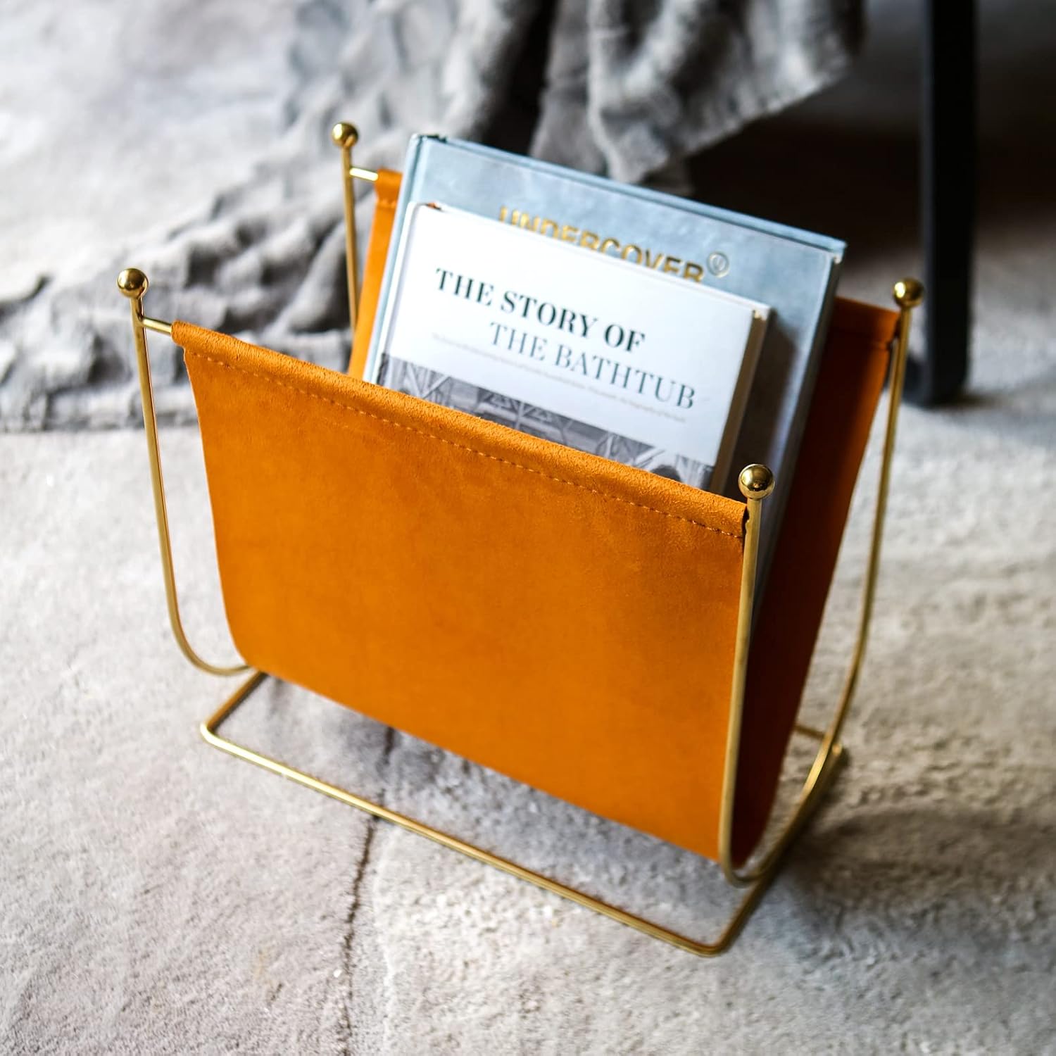 Plated Metal Wire and Suede Leather Magazine Holder Rack, Standing Rack for Magazines, Books, Newspapers, Home Staging