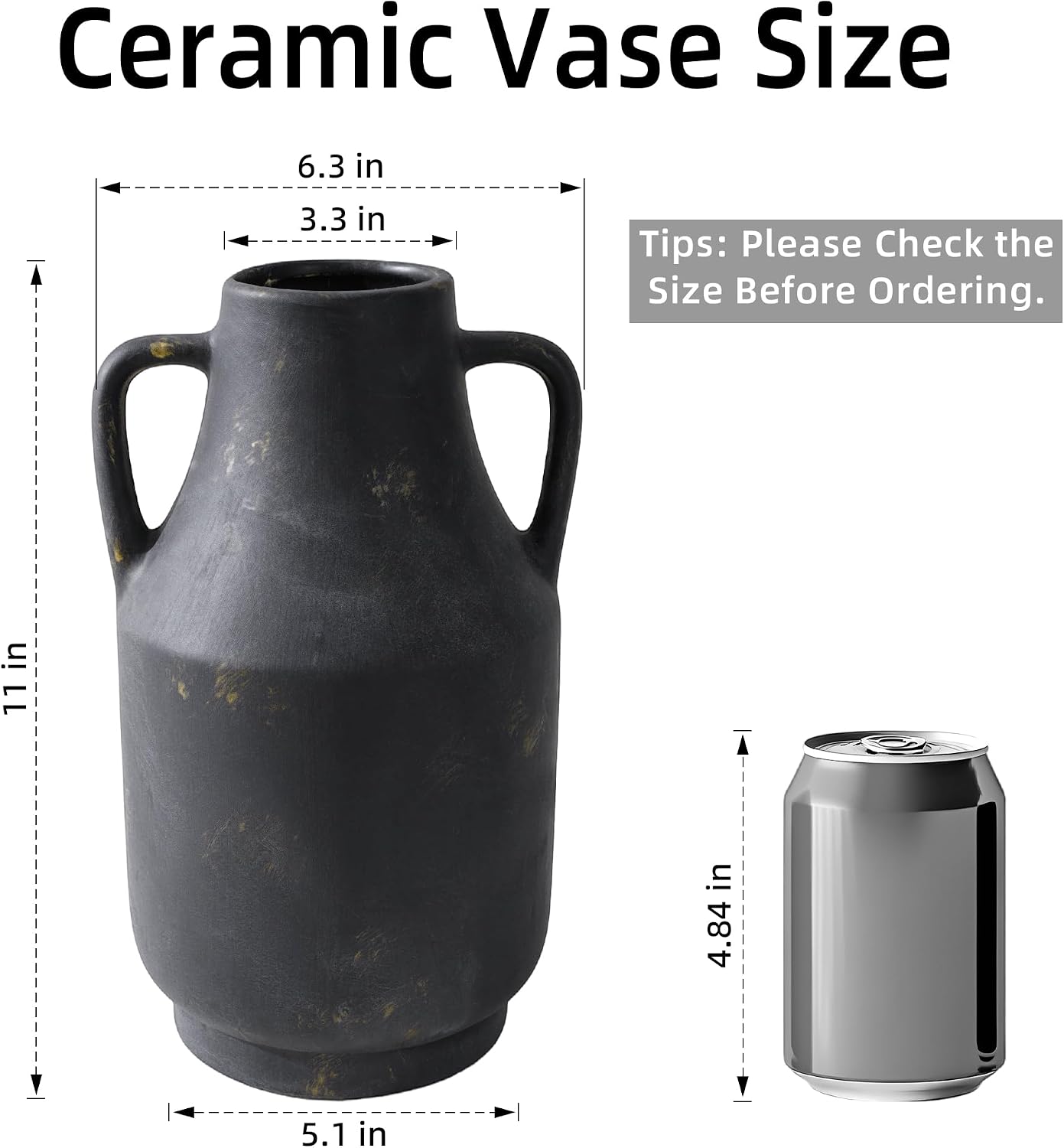 Ceramic Flower Vase / 11inch Black Gold / 11 Inch