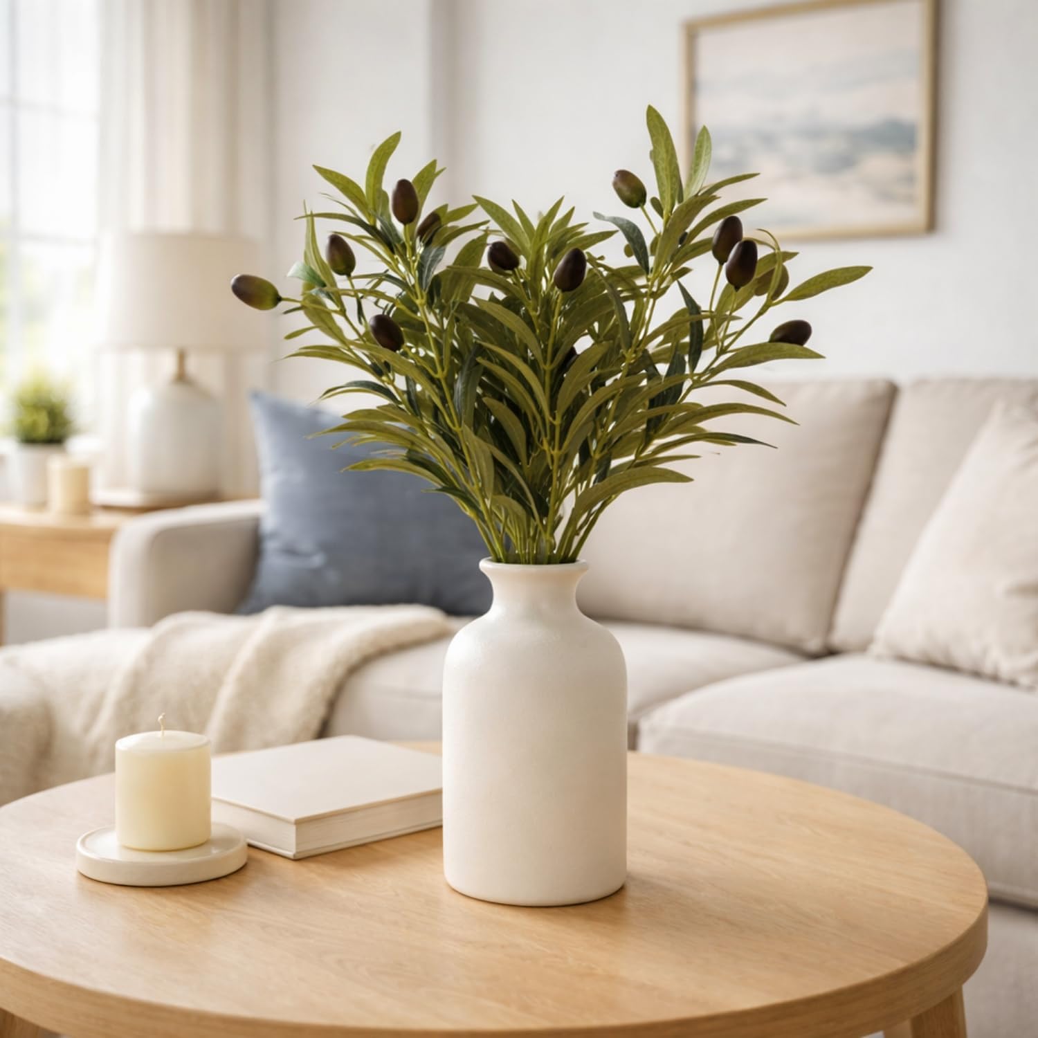 Matte Ceramic Vase 5.7 / Artificial Olive Branches and Berries with Vase / White / Set of 4