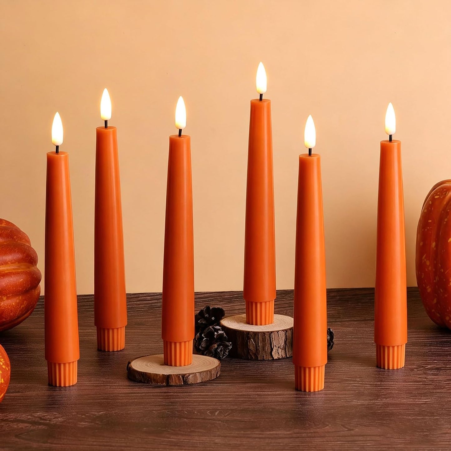 Short Burnt Orange Fall LED Taper Candles with Remote Set of 6 | Flickering Halloween LED Candlesticks, Real Wax