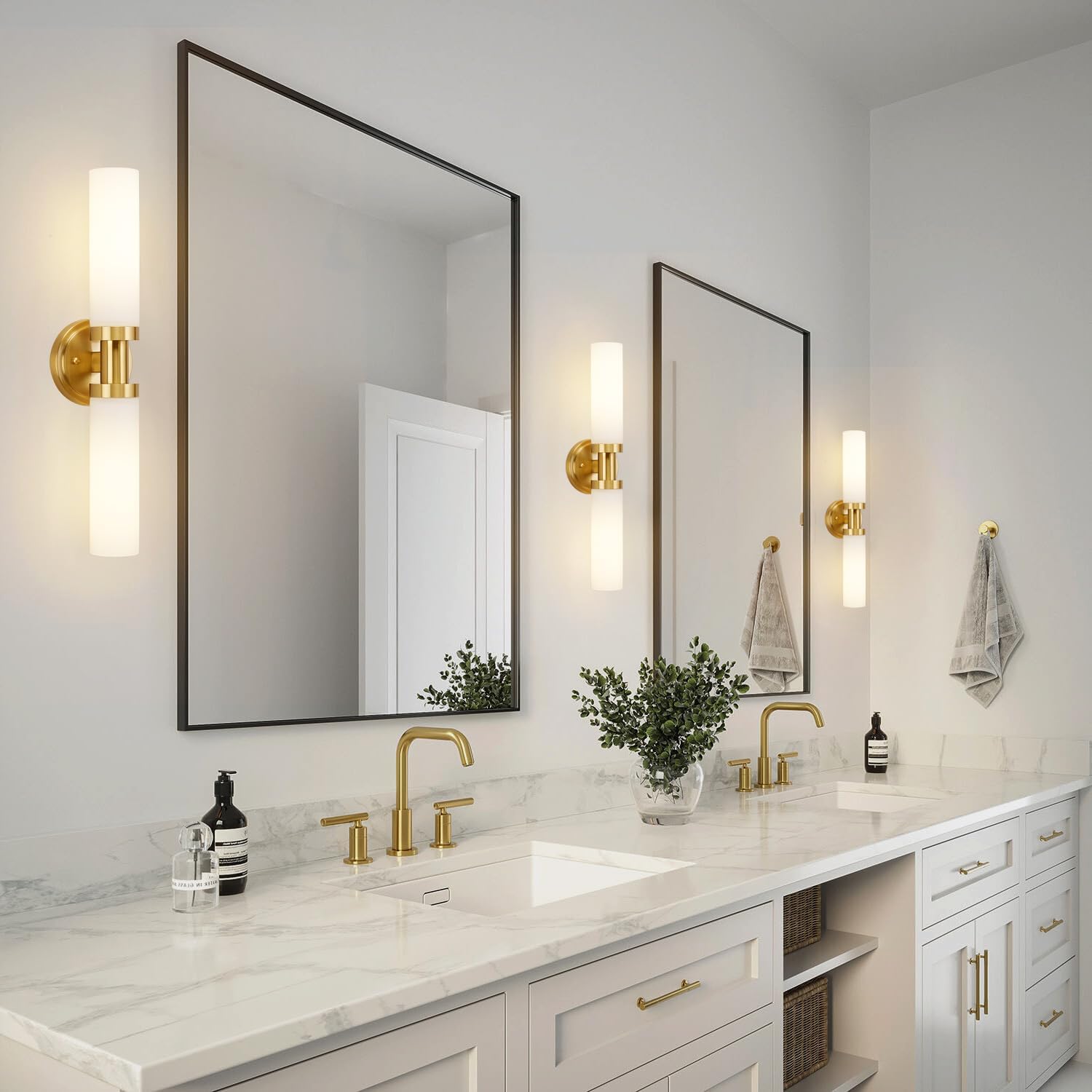 Gold Bathroom Light Fixtures Modern Vanity Lights W/White Glass Shade, 2-Light Sconces Wall Lighting for Mirror Kitchen