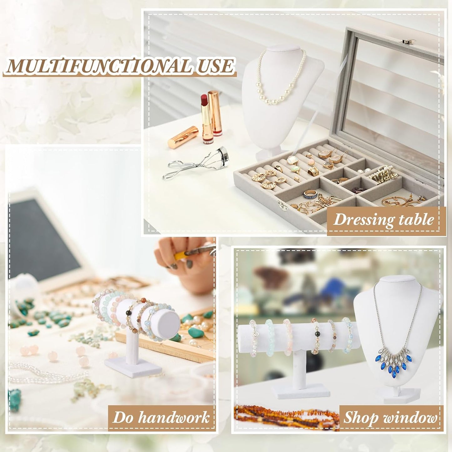 Jewelry Display Set Necklace Display Stand T Bar Bracelet Holder Jewelry / White / Velvet / Set of 6