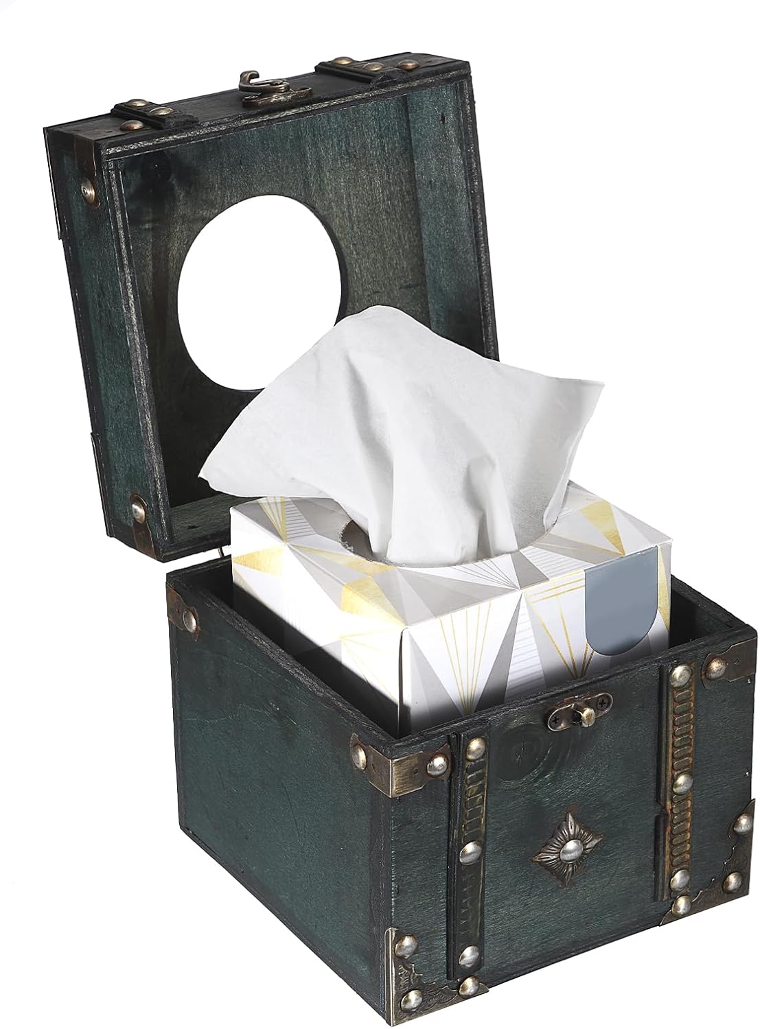 Retro Wood Square Tissue Box Cover Vintage Cube Tissue Holder / Green
