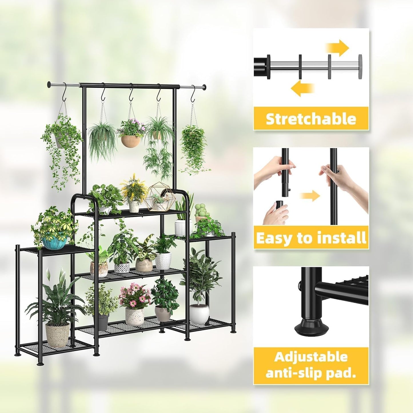 Simple Trending Plant Stand Indoor Outdoor, Metal 3 Tier Tall Hanging Plant Shelf for Multiple Flower Planter Large