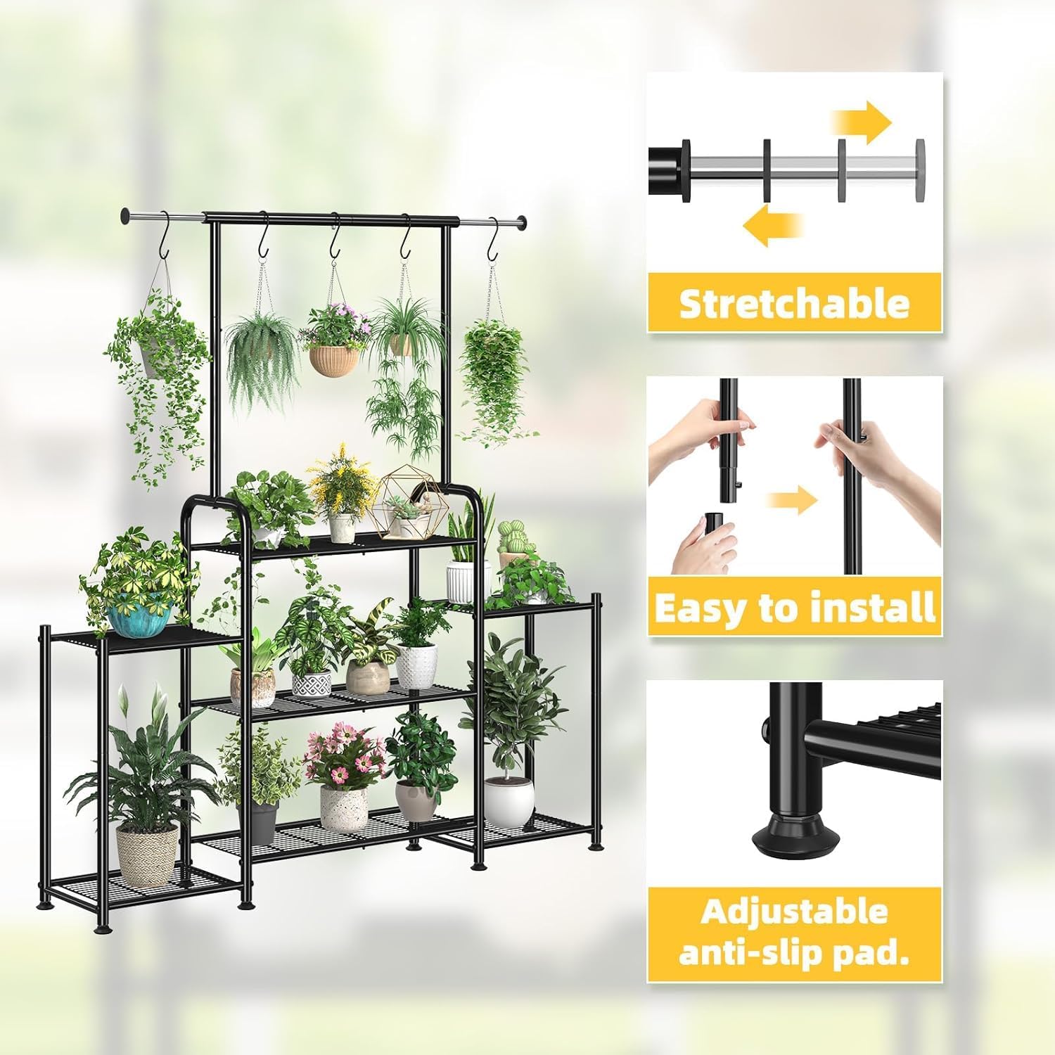 Simple Trending Plant Stand Indoor Outdoor, Metal 3 Tier Tall Hanging Plant Shelf for Multiple Flower Planter Large