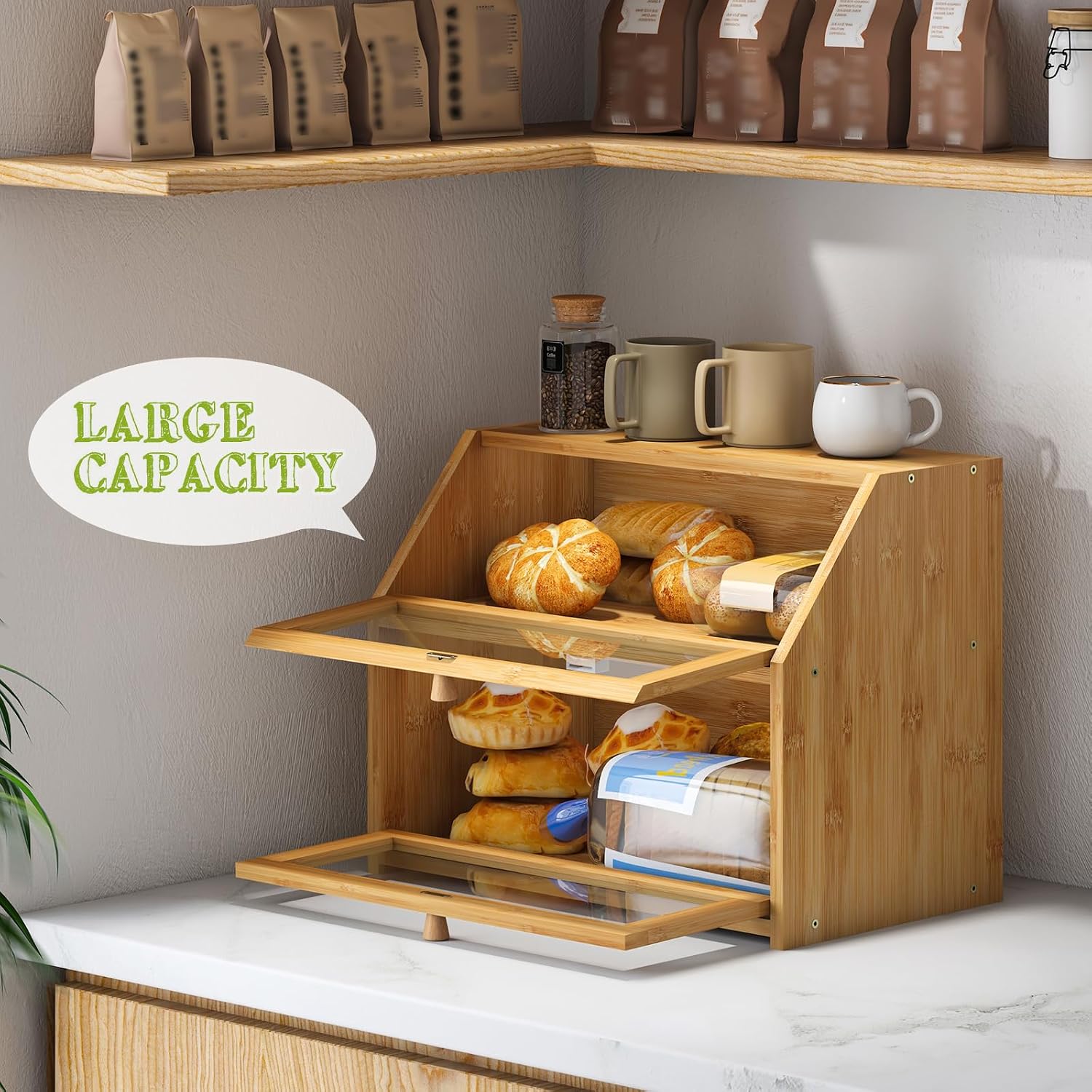 BMOSU Farmhouse Bread Box for Kitchen Countertop Bread box Double Layer Bamboo Wooden Extra Large Capacity Bin Kitchen
