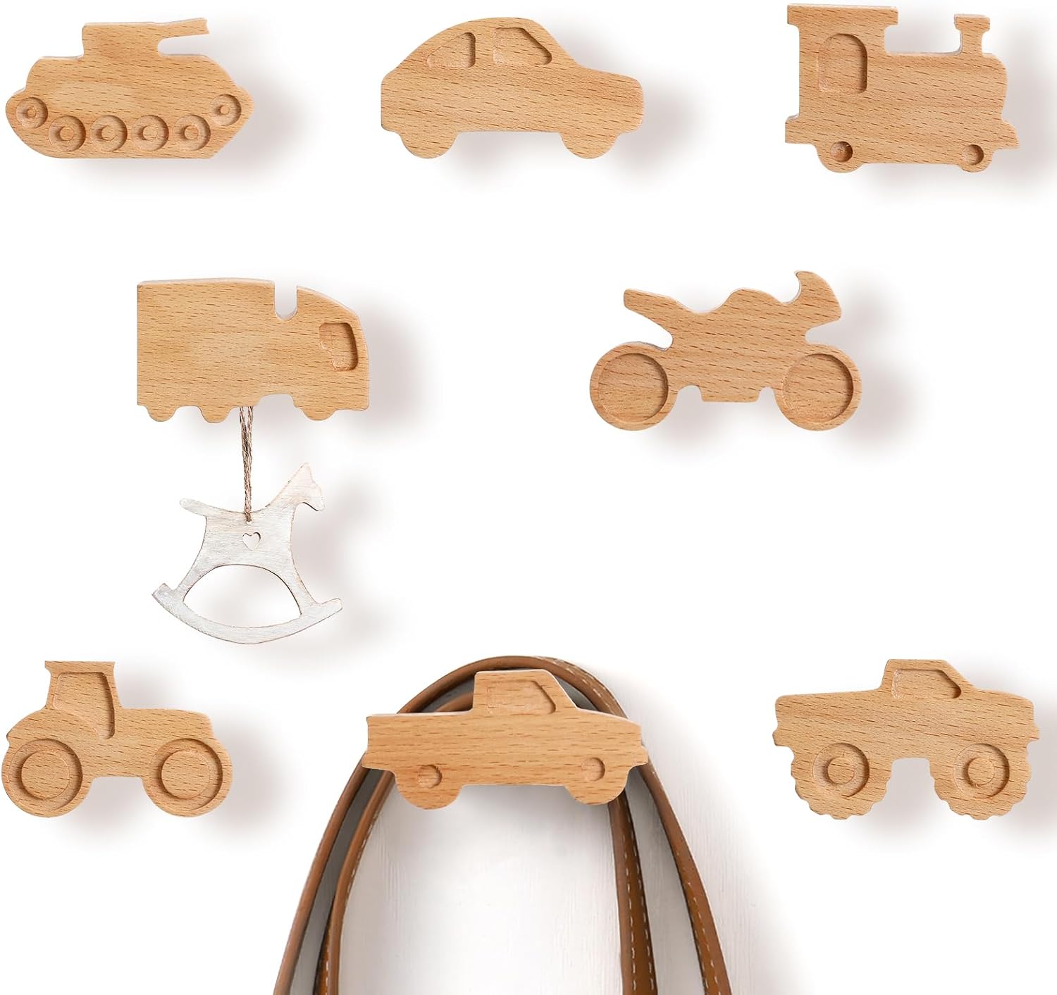 Kids Coat Hooks Wall Mount Car Shaped Wooden Coat Rack for Kids Room Nursery Wood / Cars / Set of 8