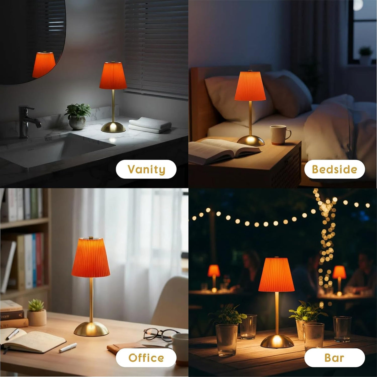 Set of 2 Orange LED Table Lamps, Mini Cordless Lamps Rechargeable | Small Wireless Table Lamp, Stepless Dimming Battery
