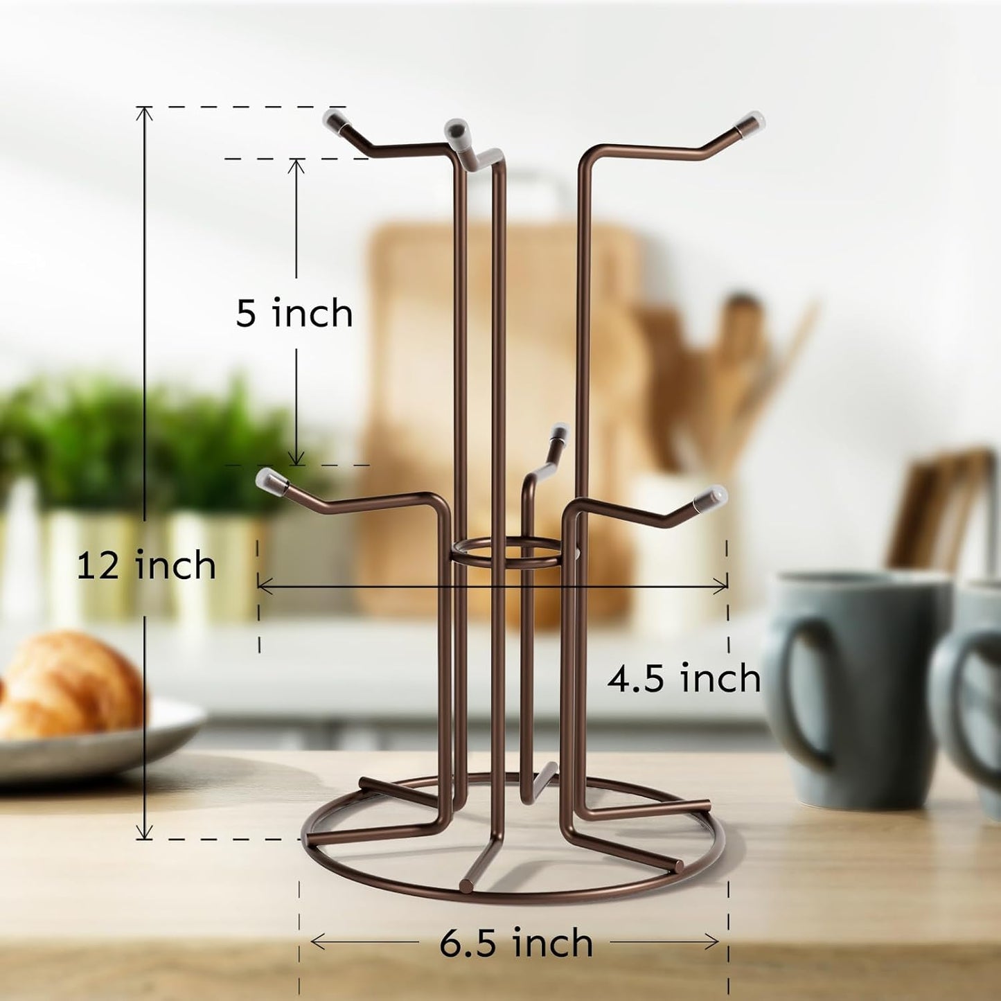 HULISEN Mug Tree for Large Cups, 6 Hook Countertop Coffee Mug Holder, Brown | Cup Rack for Counter, Stable Wide Base