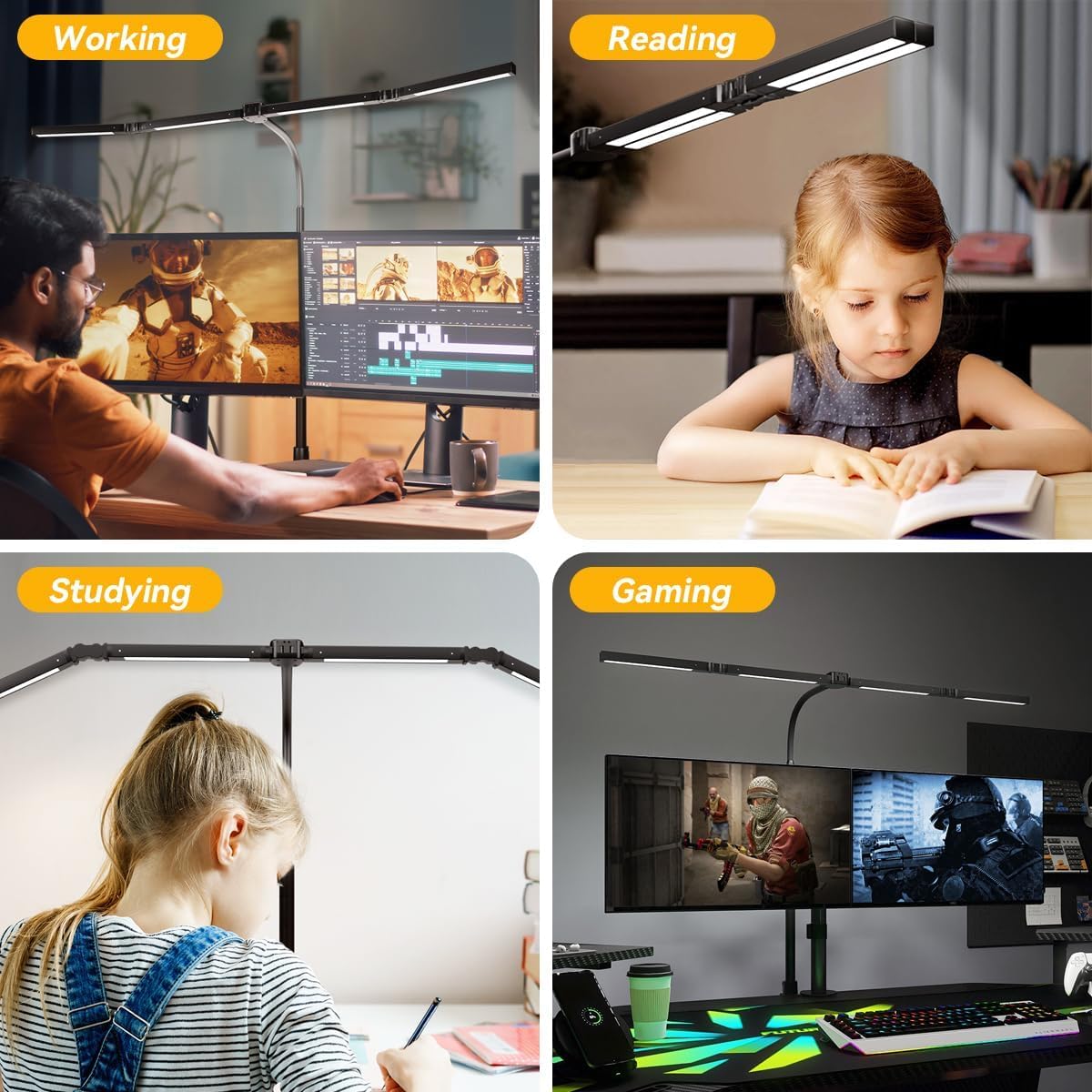 Adjustable LED Desk Lamp with Clamp, 4-Head Eye-Caring CRI95+ Desk Light, Stepless Dimming & Color Temp Remote Control