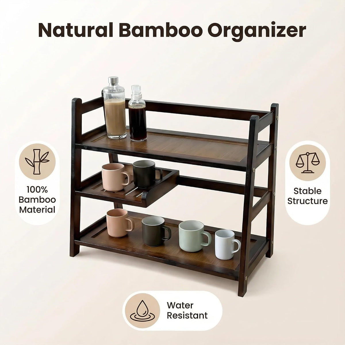 3 Tier Bamboo Matcha Station, coffee station organizer Shelf | for Kitchen Countertop, Tea Bar - Matcha Powder, Tools &