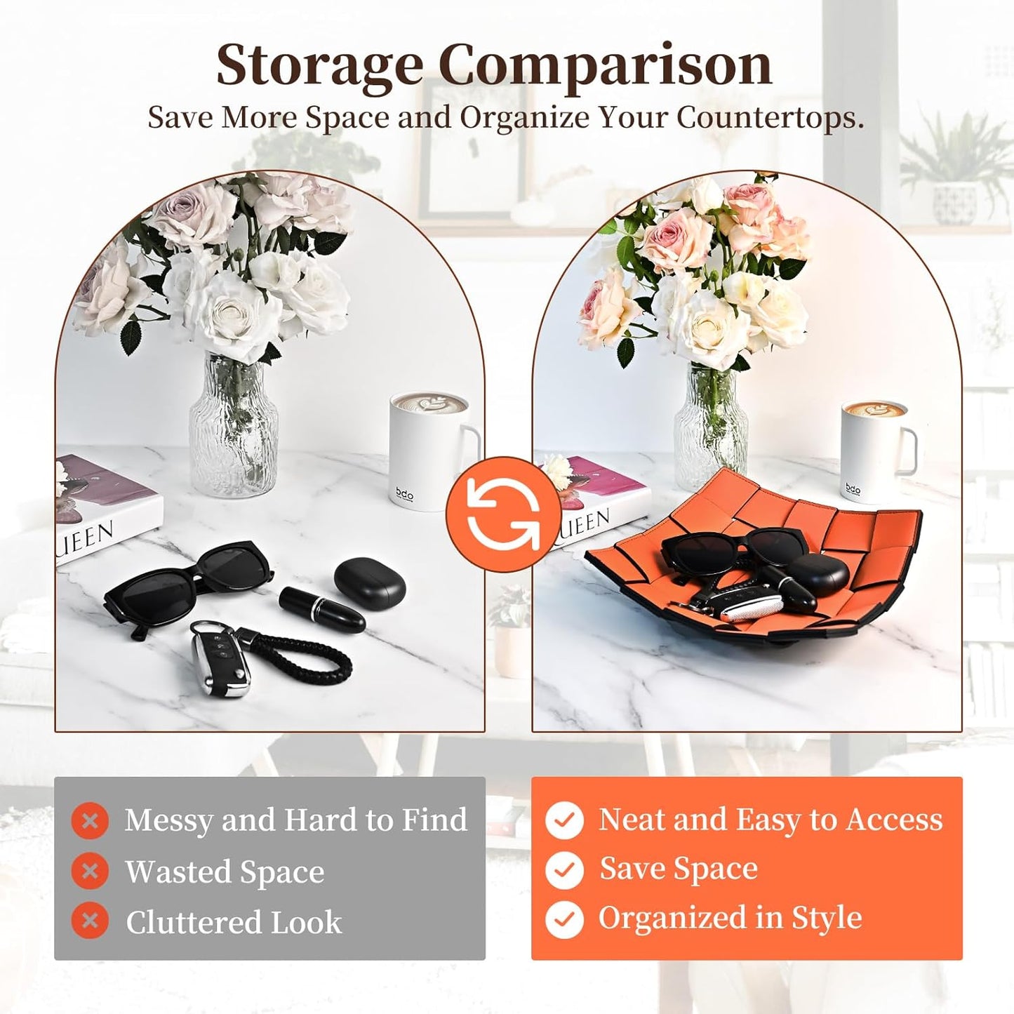 Valet Tray PU Leather Key Holder Bowl for Women and Men Entryway Table Nightstand / Orange + Black