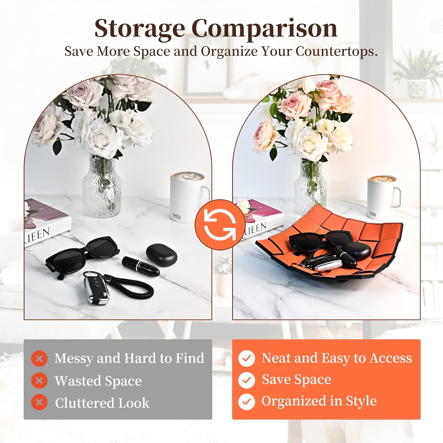 Valet Tray PU Leather Key Holder Bowl for Women and Men Entryway Table Nightstand / Orange + Black