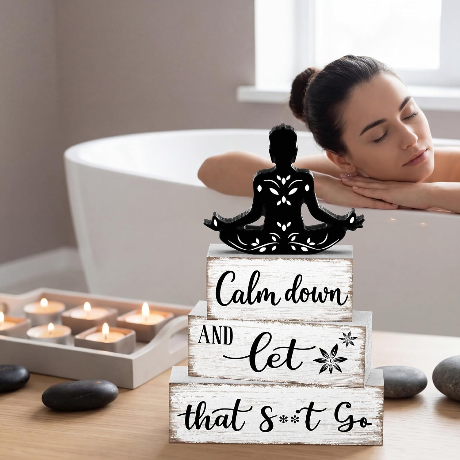 Funny Bathroom Shelf Decor Calm Down and Wooden Block Sign Rustic Farmhouse / Let That Go / Set of 4