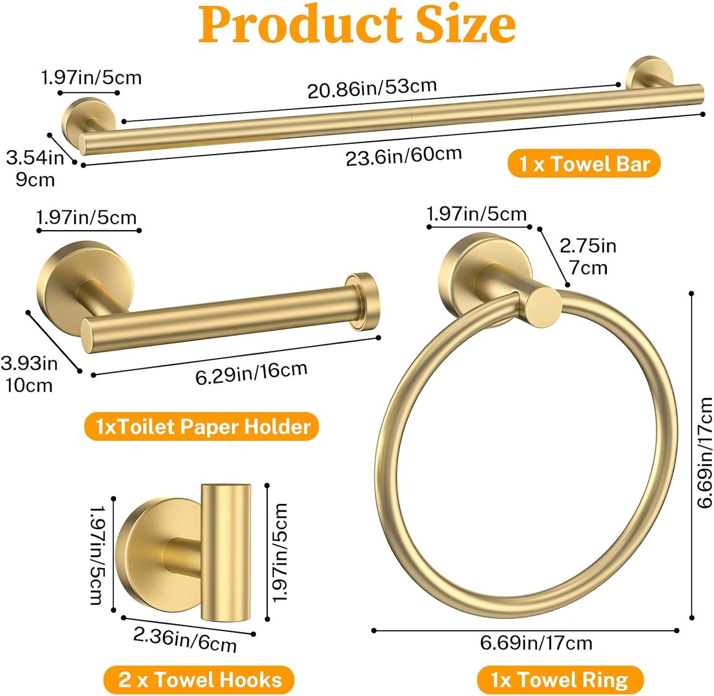 Brushed Gold Towel Bar Set 10 Pieces Round Bathroom Hardware Set Includes 23.6in Towel Bar Towel Ring Toilet Paper