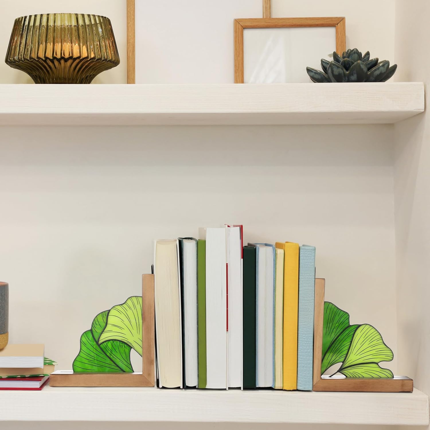 Oak Wood Base Stained Glass Novelty Bookends Organizer Book Ends / Ginkgo Leaves / Green