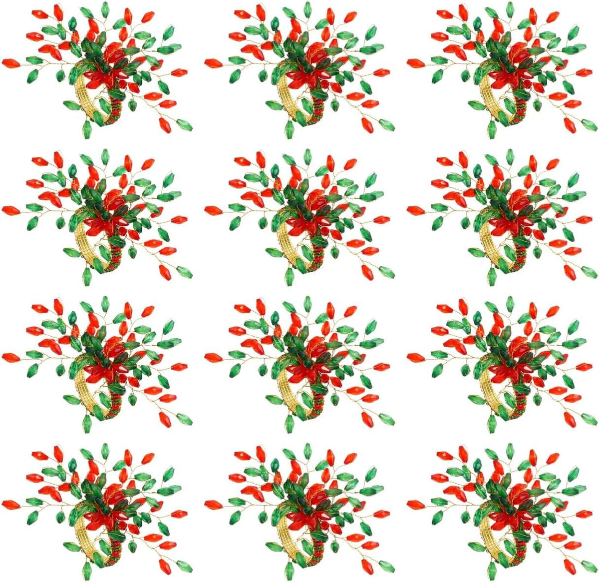 ITOS365 Handcrafted Beaded Napkin Rings Set of 12 – Red & Green Crystal Flower Design, Elegant Table Décor for