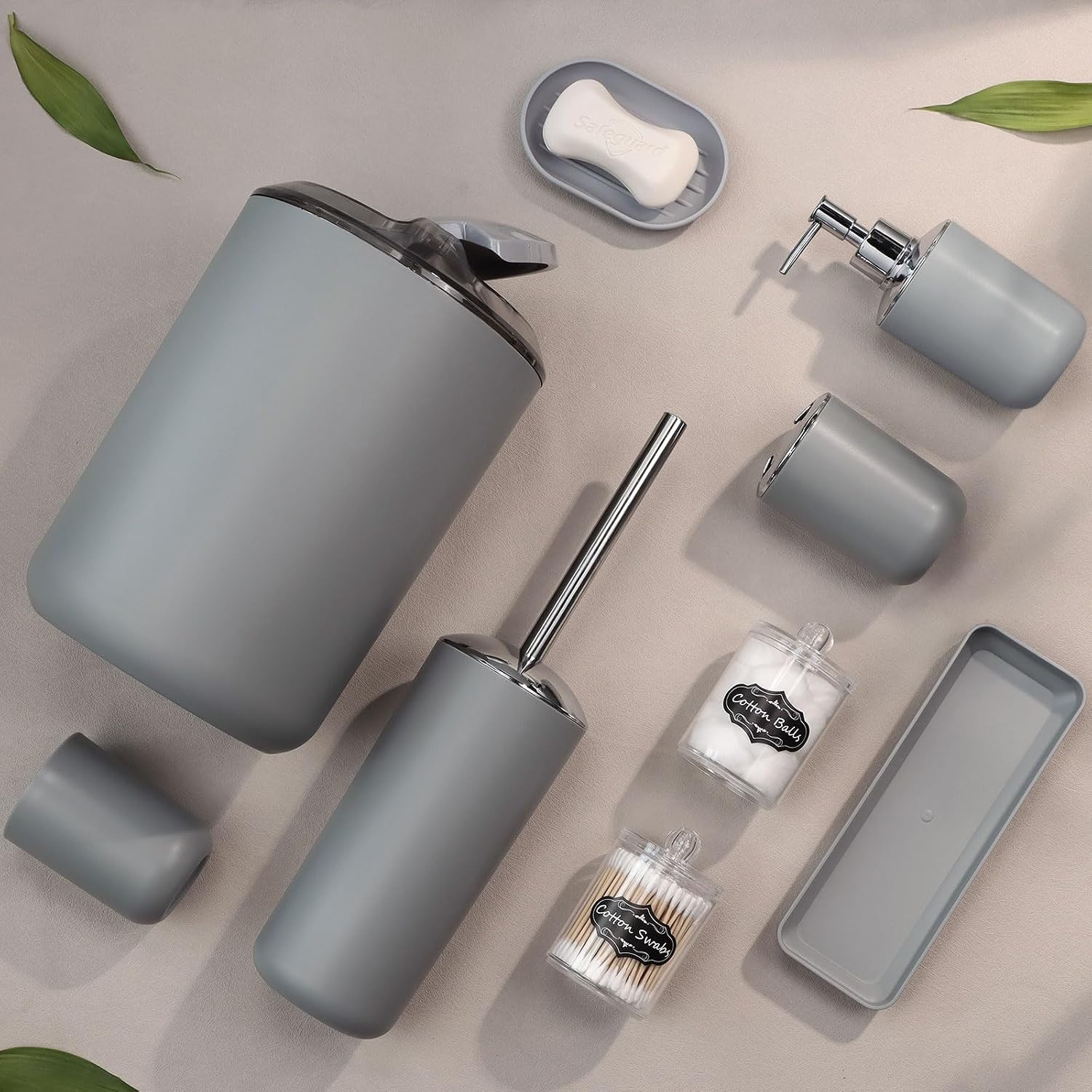 IMAVO Bathroom Accessories Set,Grey Bathroom Set,9 Pieces Bathroom Accessory Set,Tray,Qtip Holders,Toilet Brush,Trash