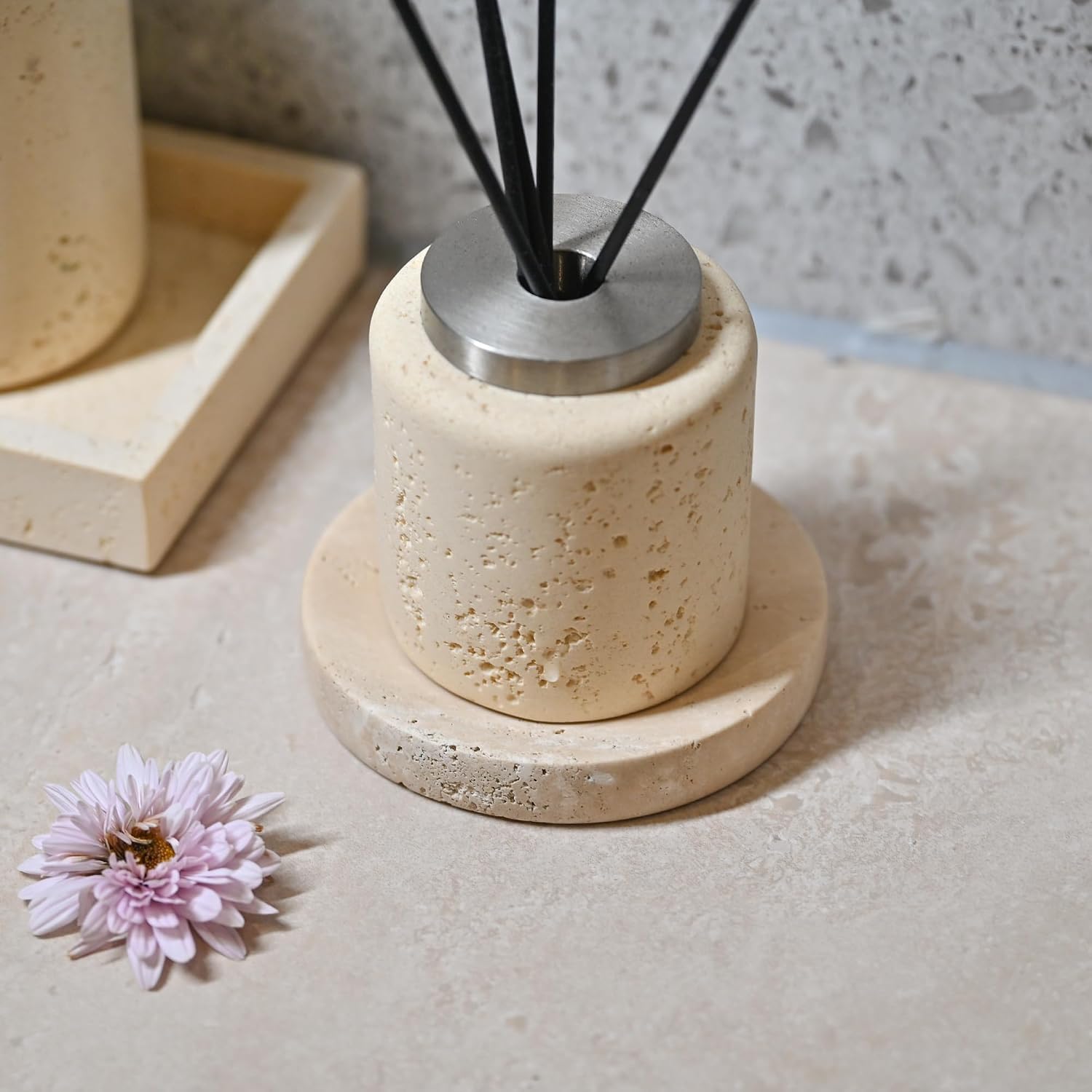 Natural Beige Stone Trinket Tray for Rings Earrings Necklaces / Beige Travertine