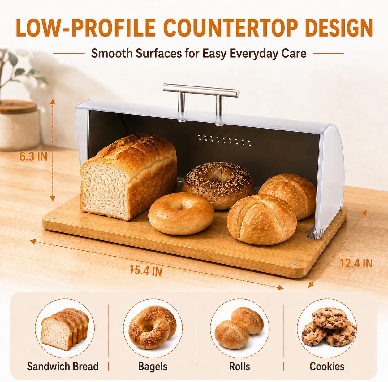 Bread Box for Kitchen Countertop, Modern Stainless Steel Roll-Top L | Clear Acrylic Viewing Door with Frosted Pattern