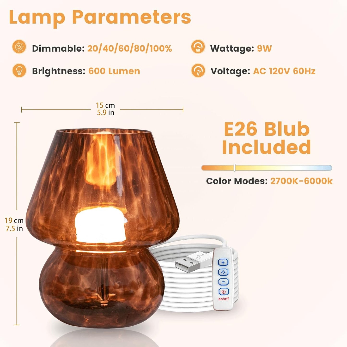 USB Plug-in Vintage Mushroom Lamp Small Bedside Table Lamp / Golden Amber