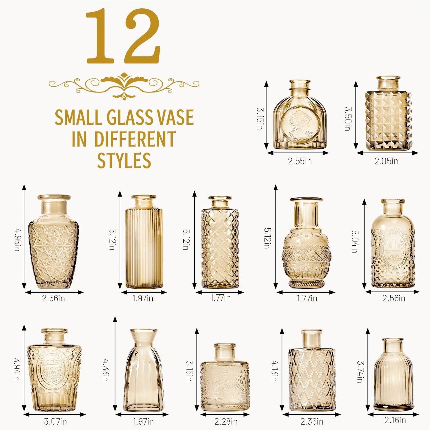 Clear Bud Vases for Flowers / Gold / Set of 12