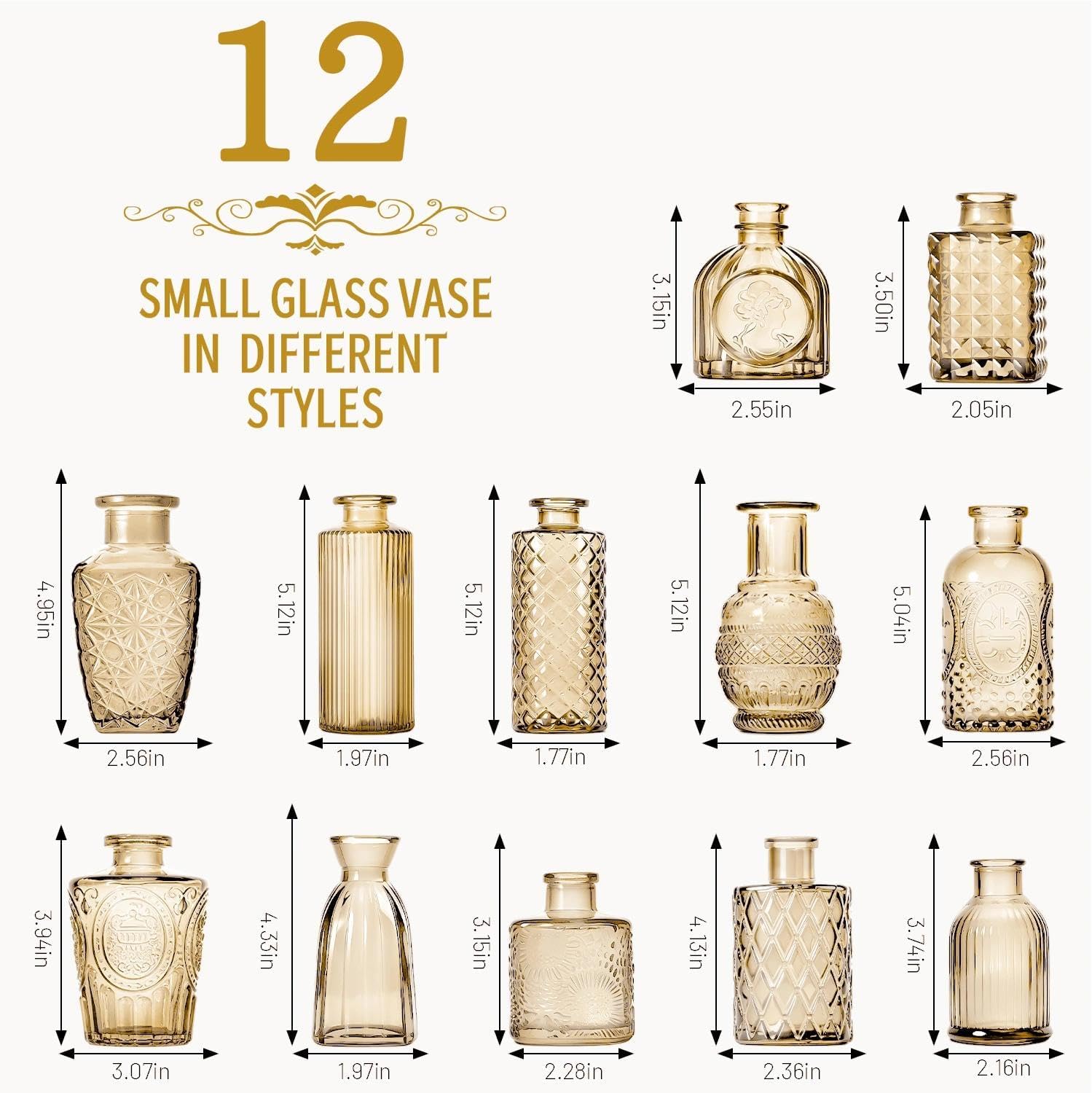 Clear Bud Vases for Flowers / Gold / Set of 12