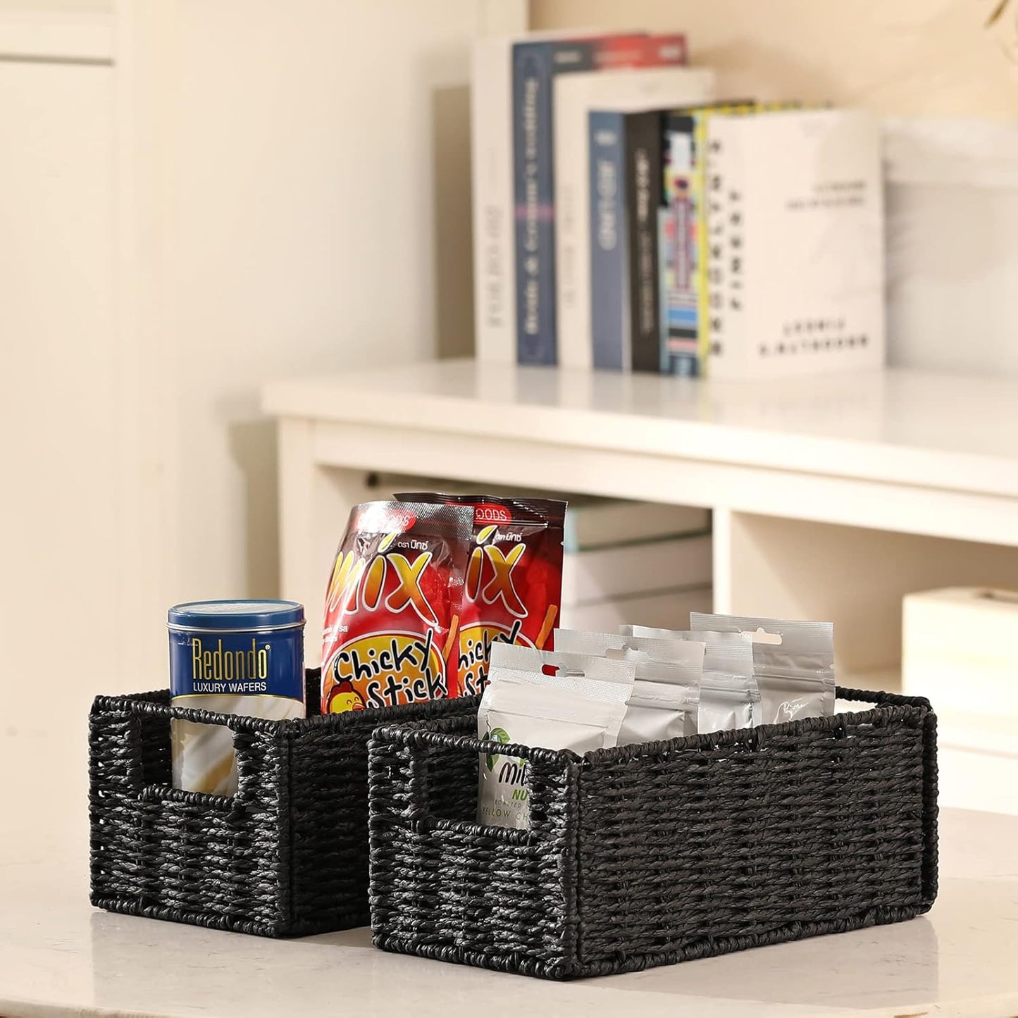 Wicker Storage Basket / Black / 11.2"D x 6.1"W x 4.8"H / Set of 2