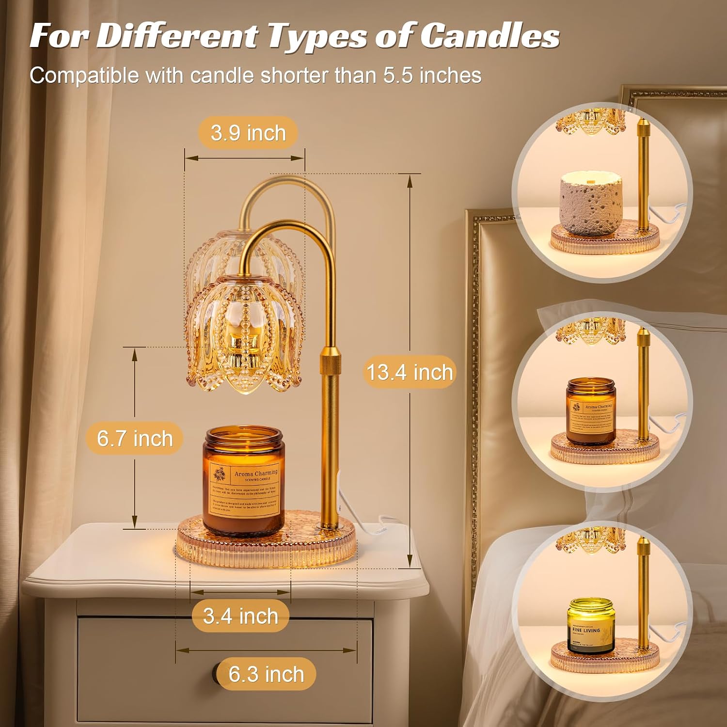Petal Candle Warmer Lamp with Timer & Dimmable Light Champagne Gold | Adjustable Height Jar Melter on Crystal Glass