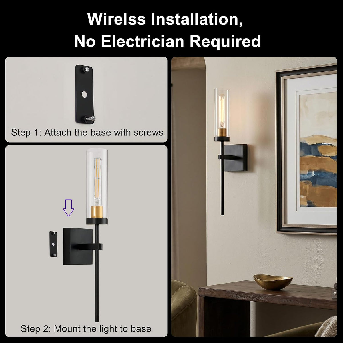 Battery Operated Wall Sconce Set of 2, Black & Gold Wireless Sconces Wall Decor, Rechargeable Wall Lights for Bedroom