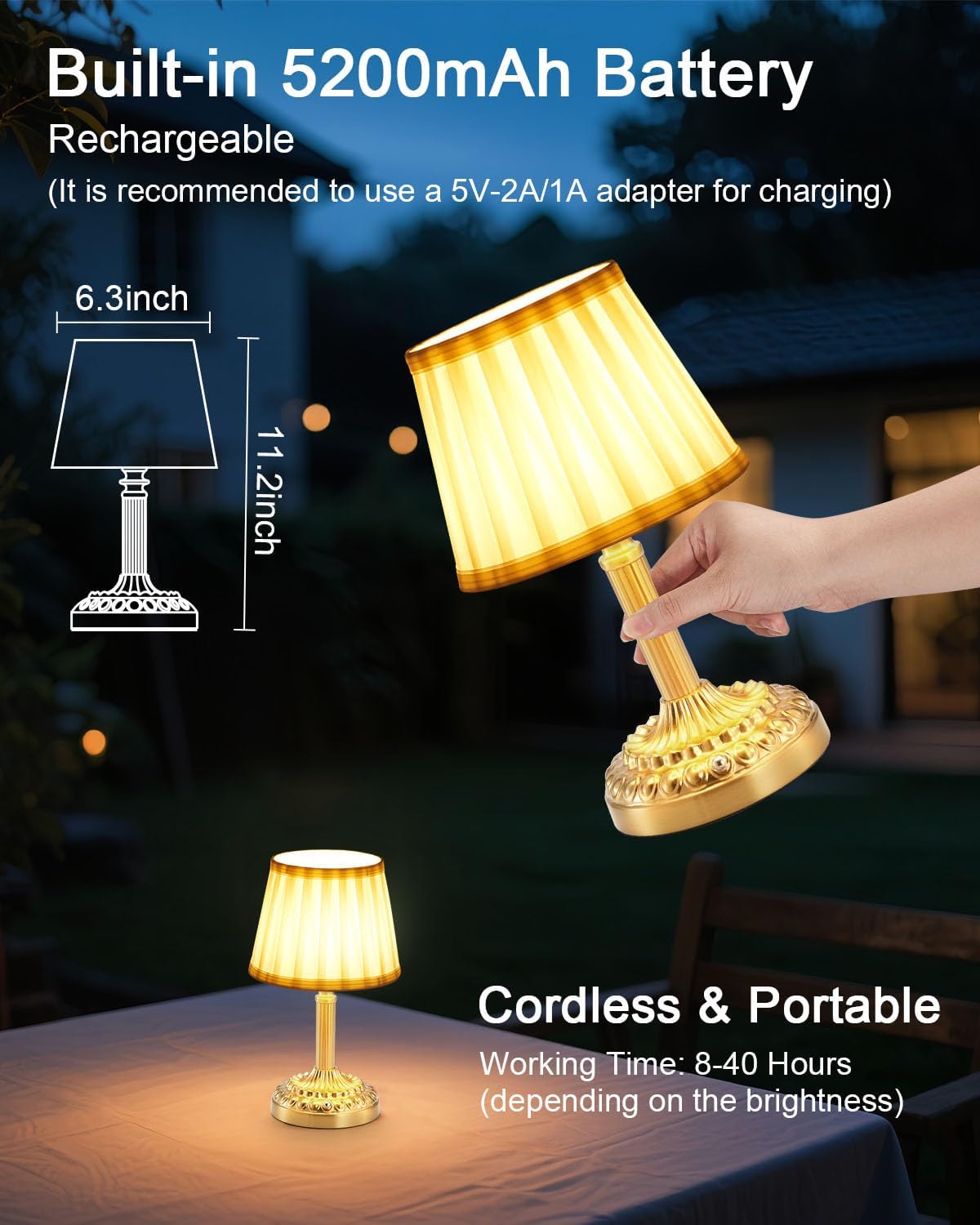 2 Pack Rechargeable Cordless Table Lamps for Restaurant Dining | 5200mAh Small Battery Operated Lamp, Portable Dimmable