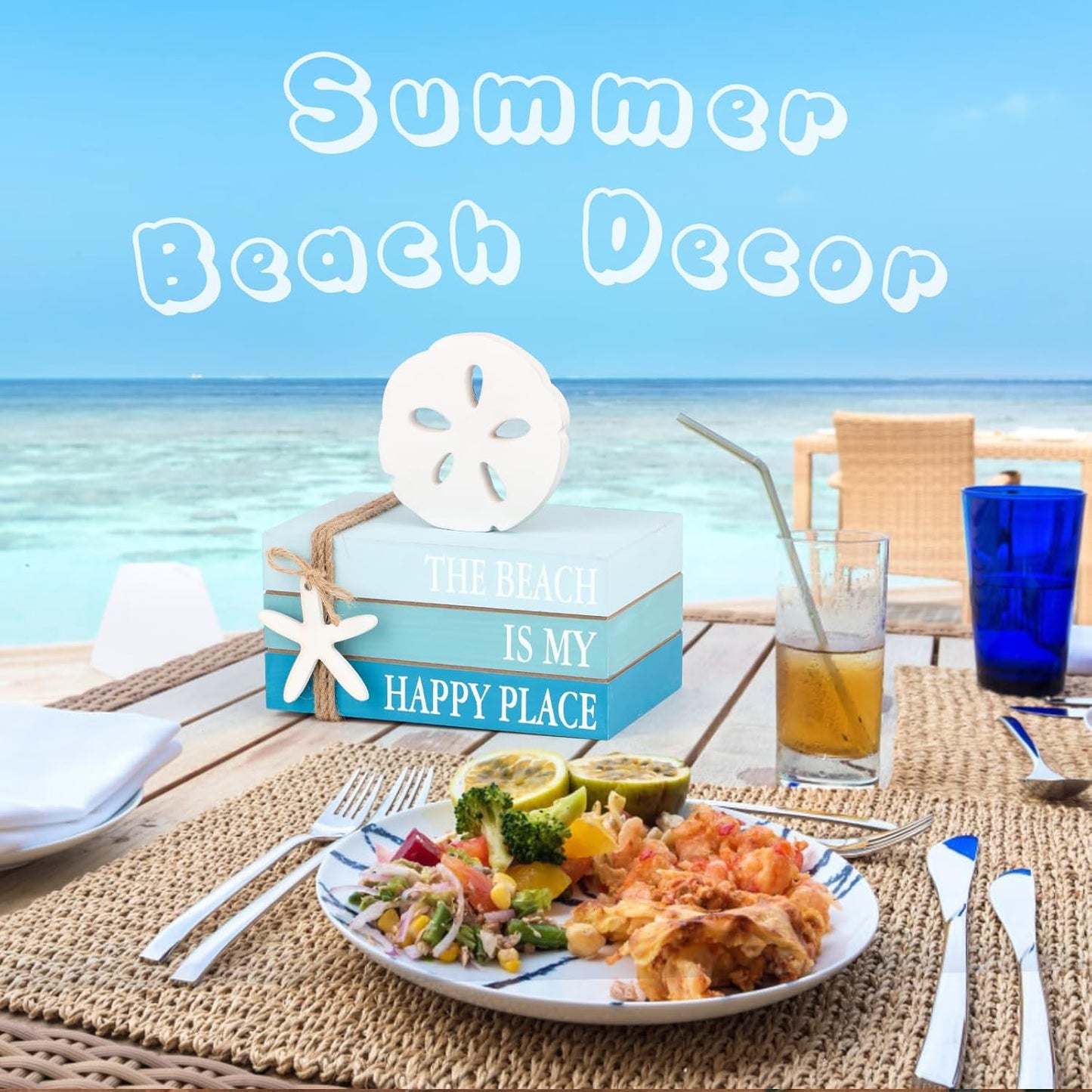 Summer Tiered Tray & Wooden Ocean Book / Blue