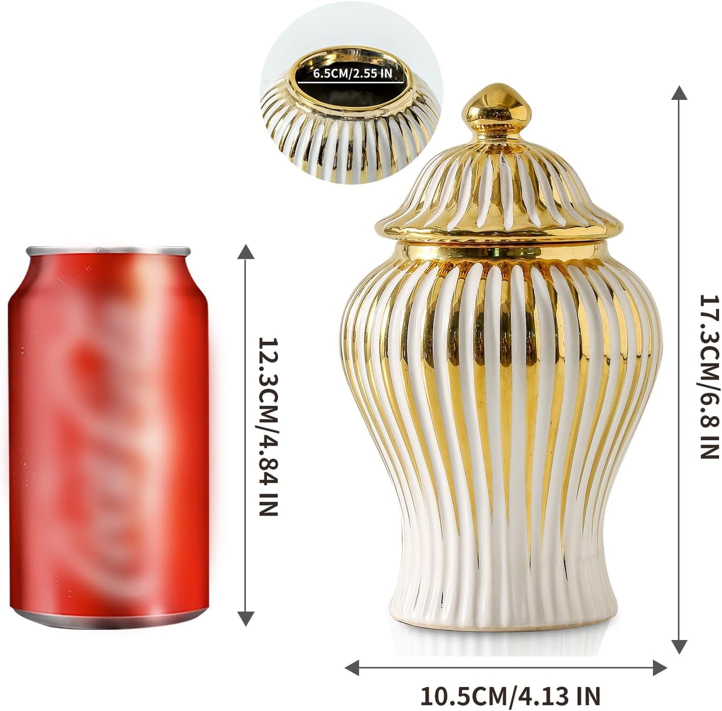 Ceramic Ginger jar / 6.8 Inch / White and Gold