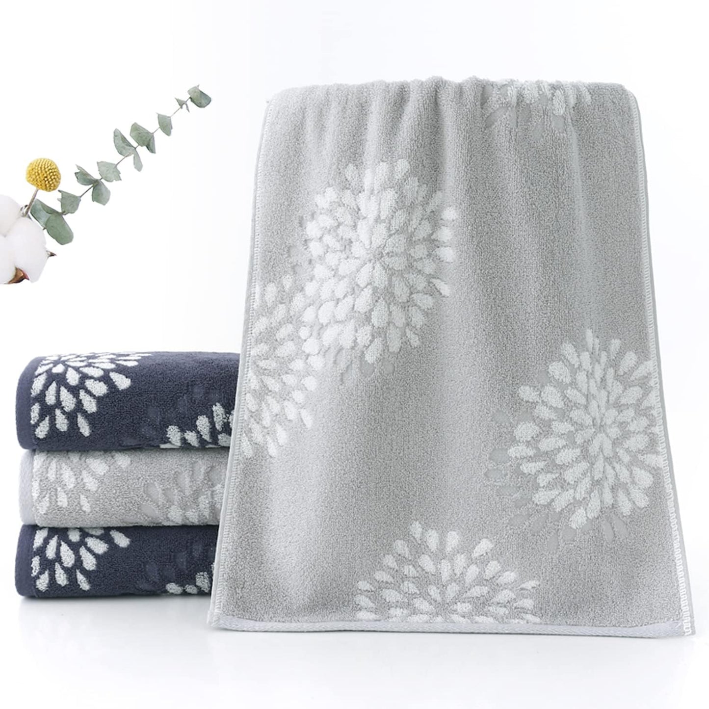 Hand Towels Set of 4 Hydrangea Floral Pattern 100% Cotton Absorbent Soft Decorative Towel for Bathroom (Light Grey)