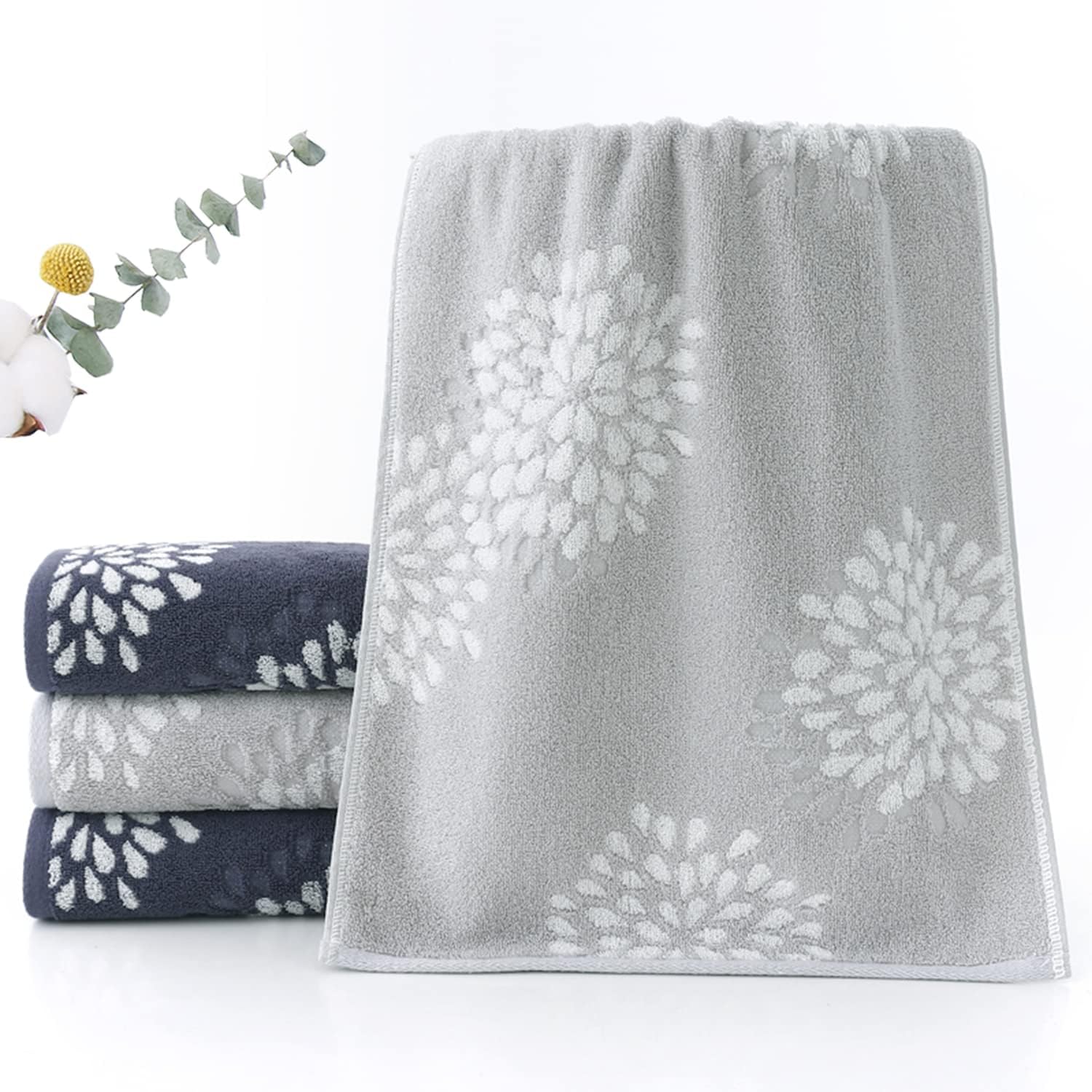 Hand Towels Set of 4 Hydrangea Floral Pattern 100% Cotton Absorbent Soft Decorative Towel for Bathroom (Light Grey)