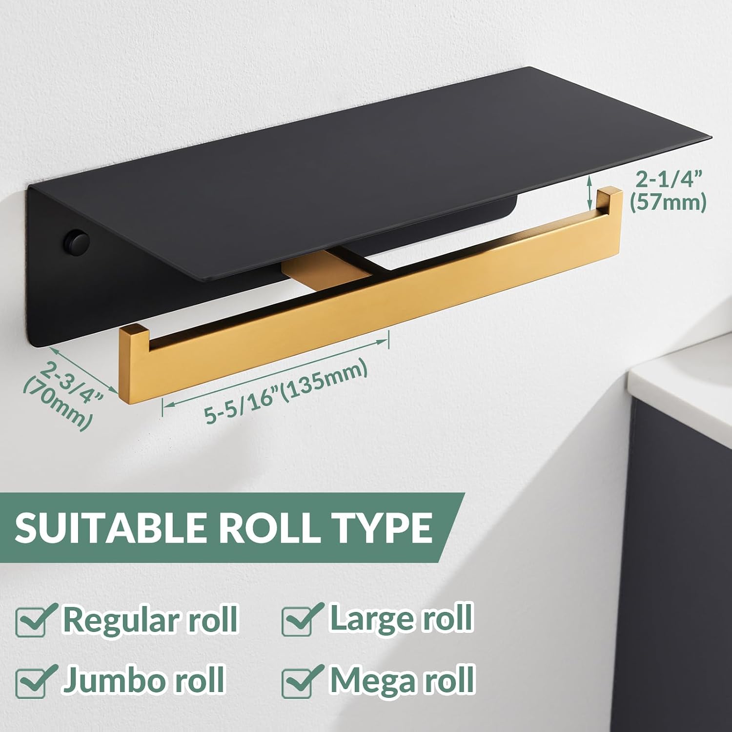APLusee Double Toilet Paper Holder with Shelf, Black Gold, Wall Mounted | 304 Stainless Steel Tissue Holder, Rustproof