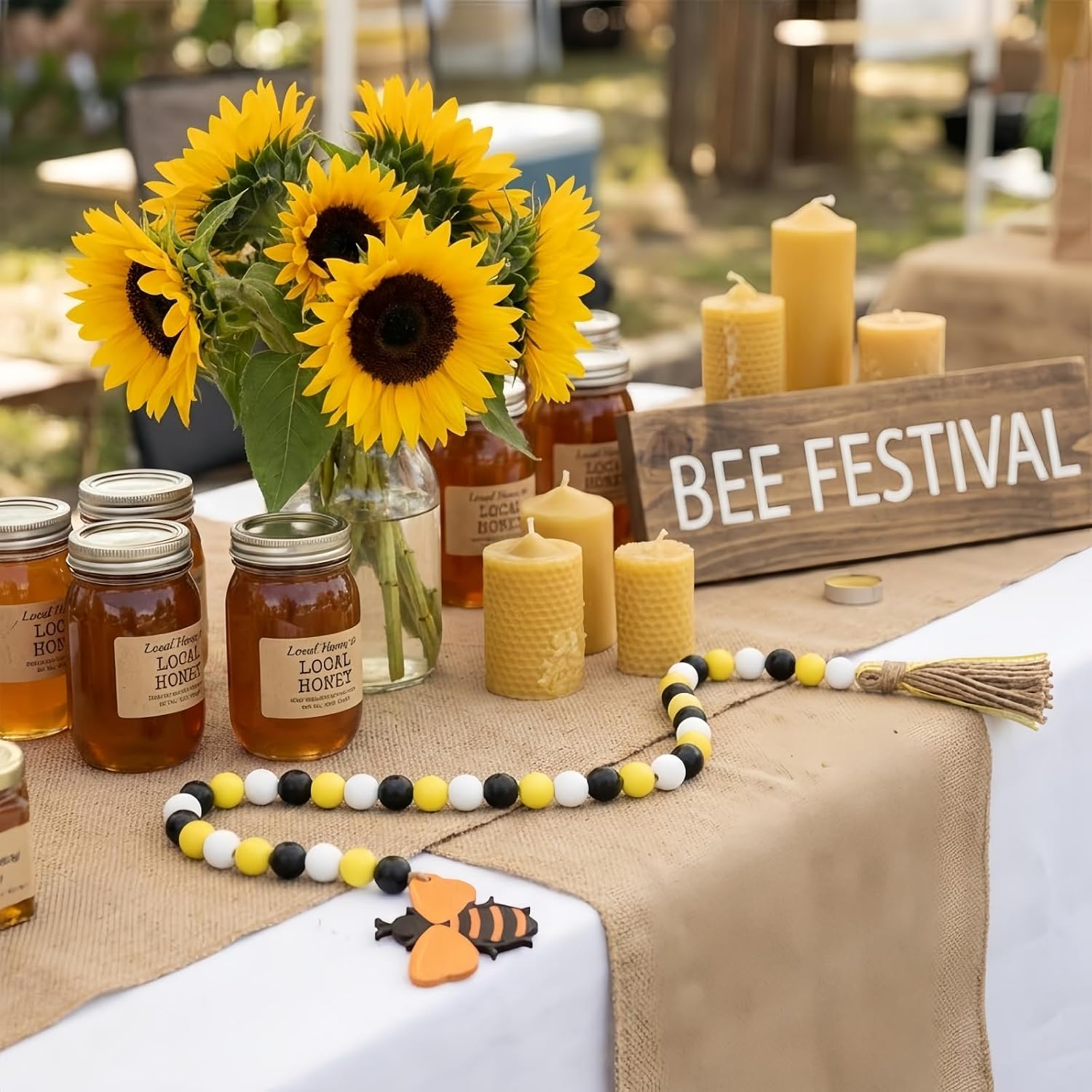 Honey Bee Wood Bead Garland Rustic Farmhouse Tiered Tray Decor / Yellow / Set of 2