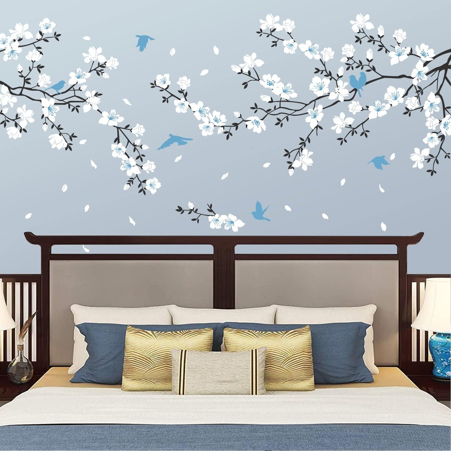 Wall Stickers / Cherry Blossom Wall Decal Birds on Tree Branch Art Sticker / Blue White Flower